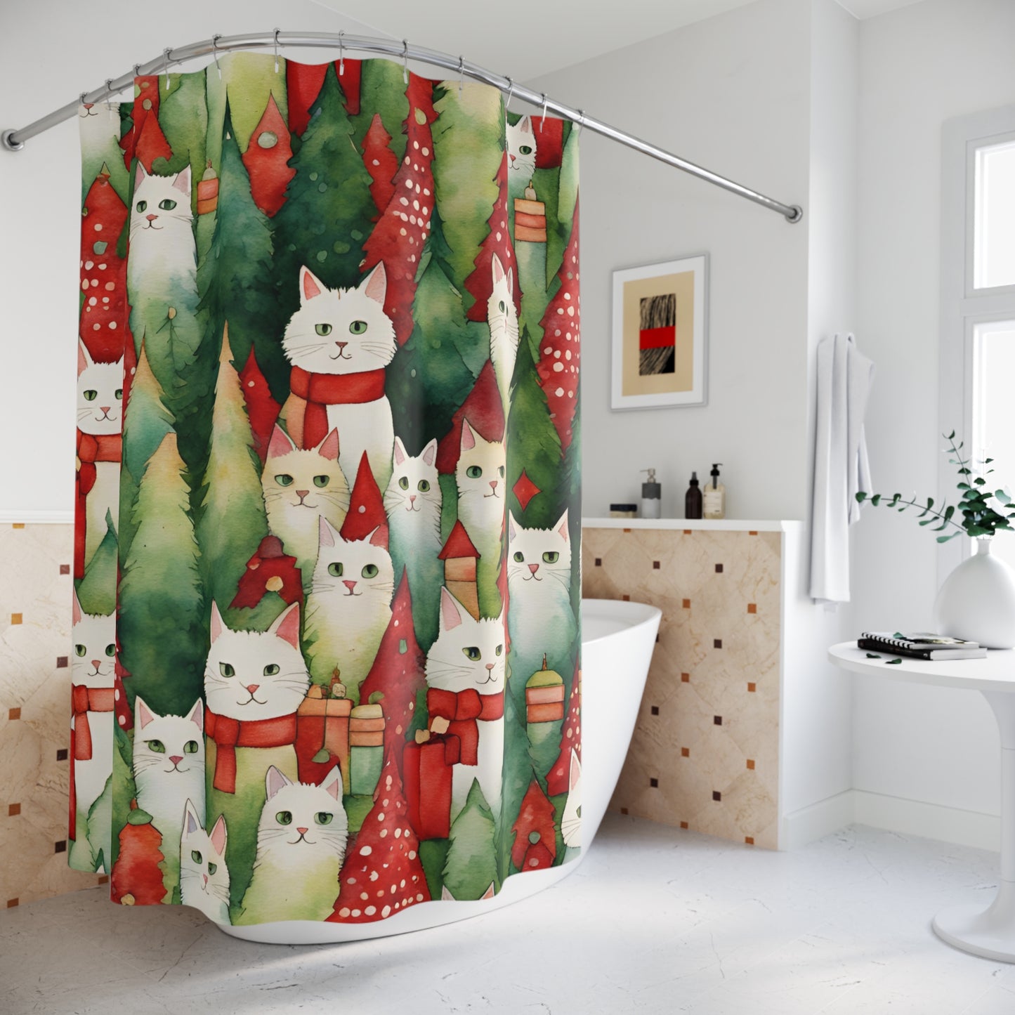 Meowy Christmas Polyester Shower Curtain