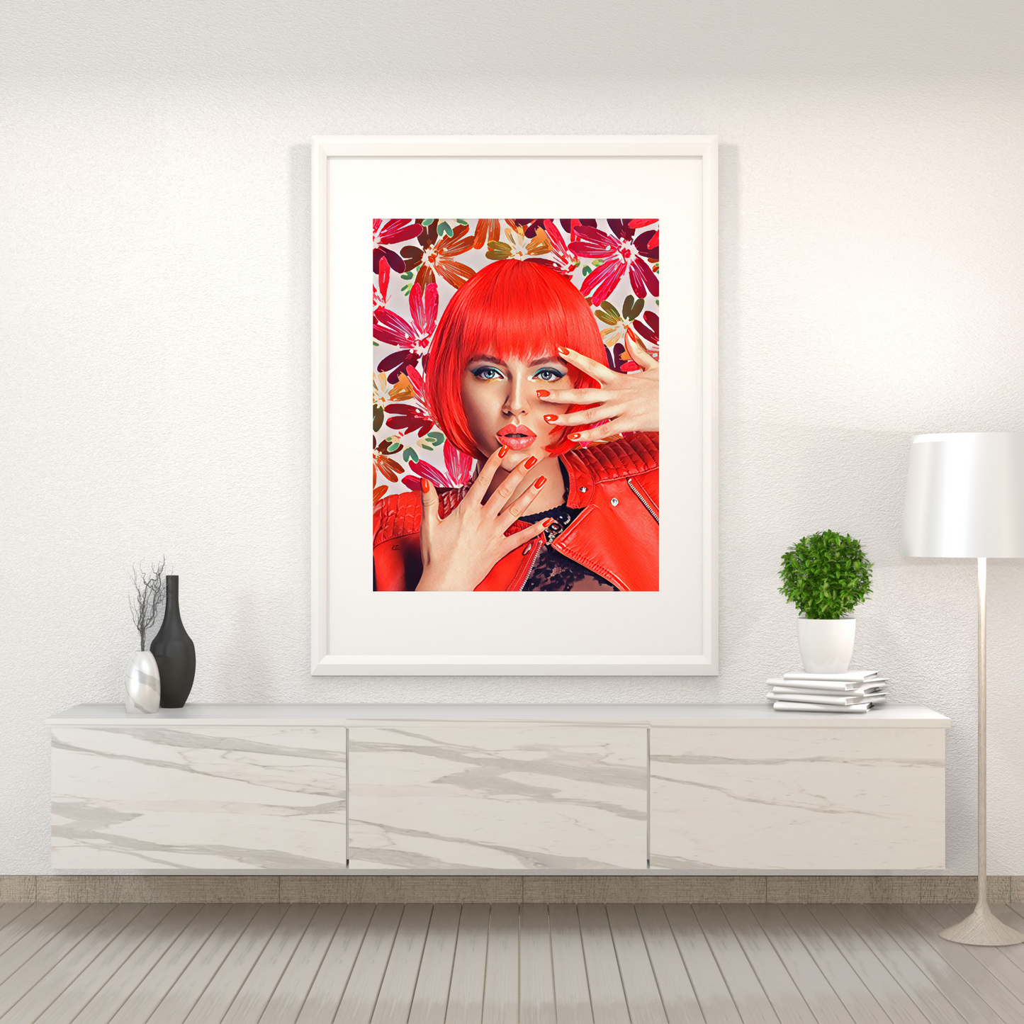 Shanna Woman with Red Bob Hair Flowers Background Art Poster