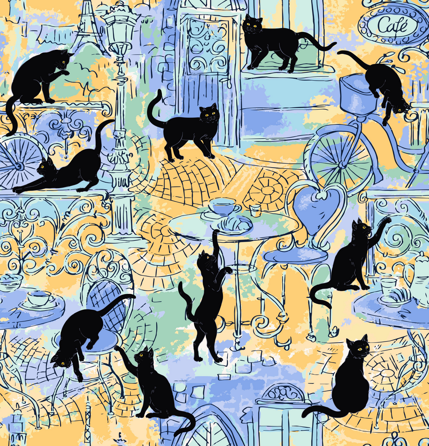 Paris Black Cats Polyester Shower Curtain