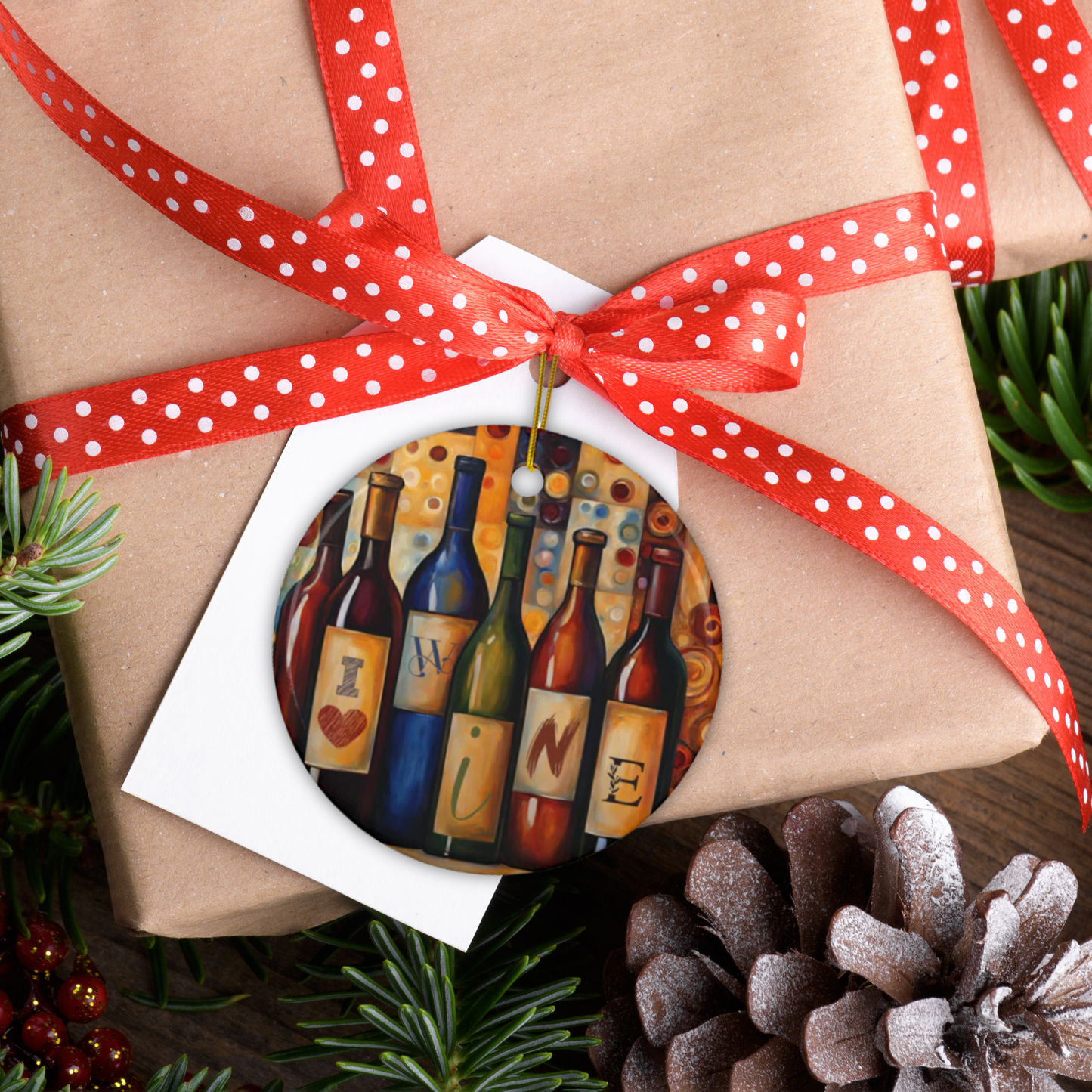 I Love Wine 3" Ceramic Ornaments, 2-Side Print, (1pc, 10pcs)