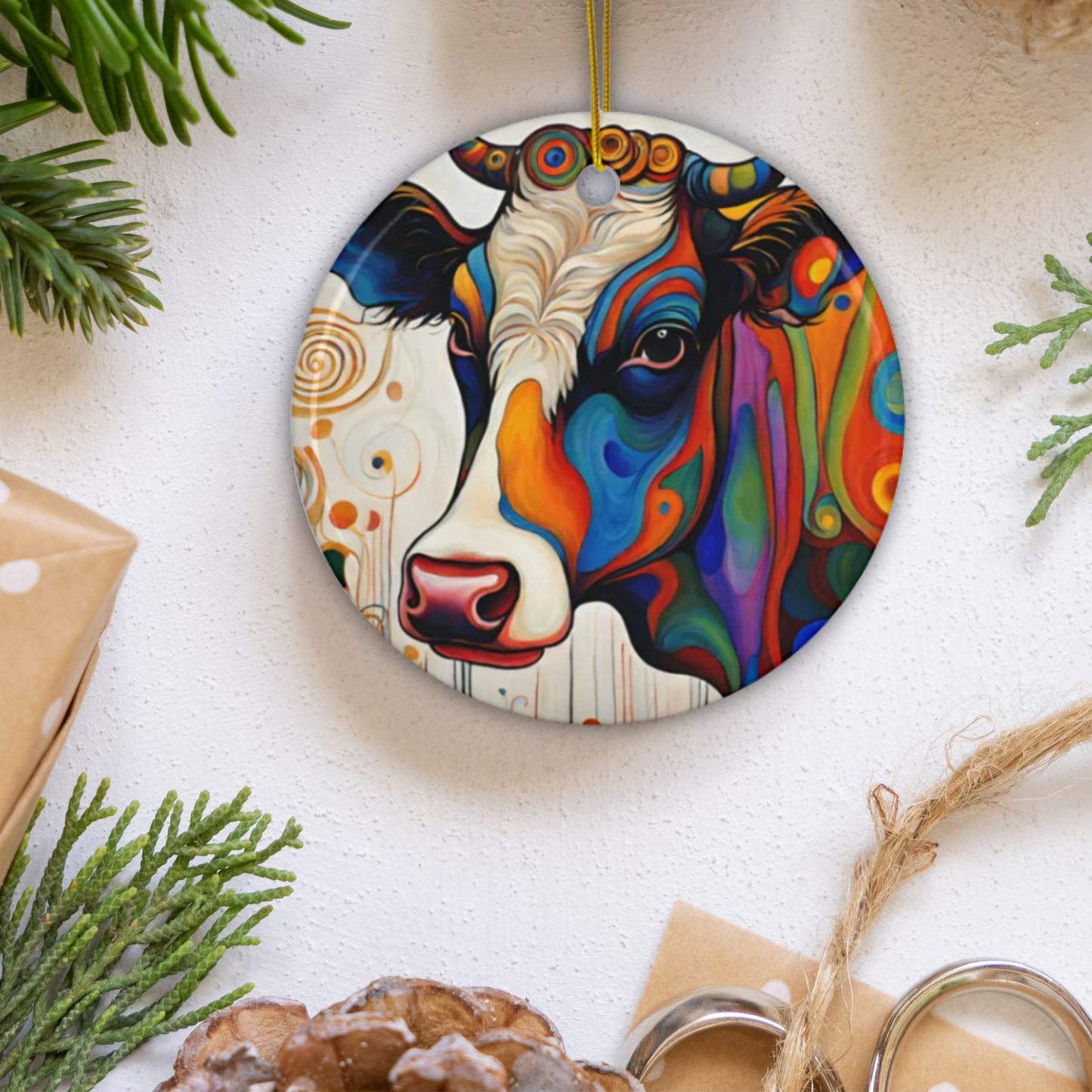 Groovy Cow 3" Ceramic Ornaments, 2-Side Print, (1pc, 10pcs)