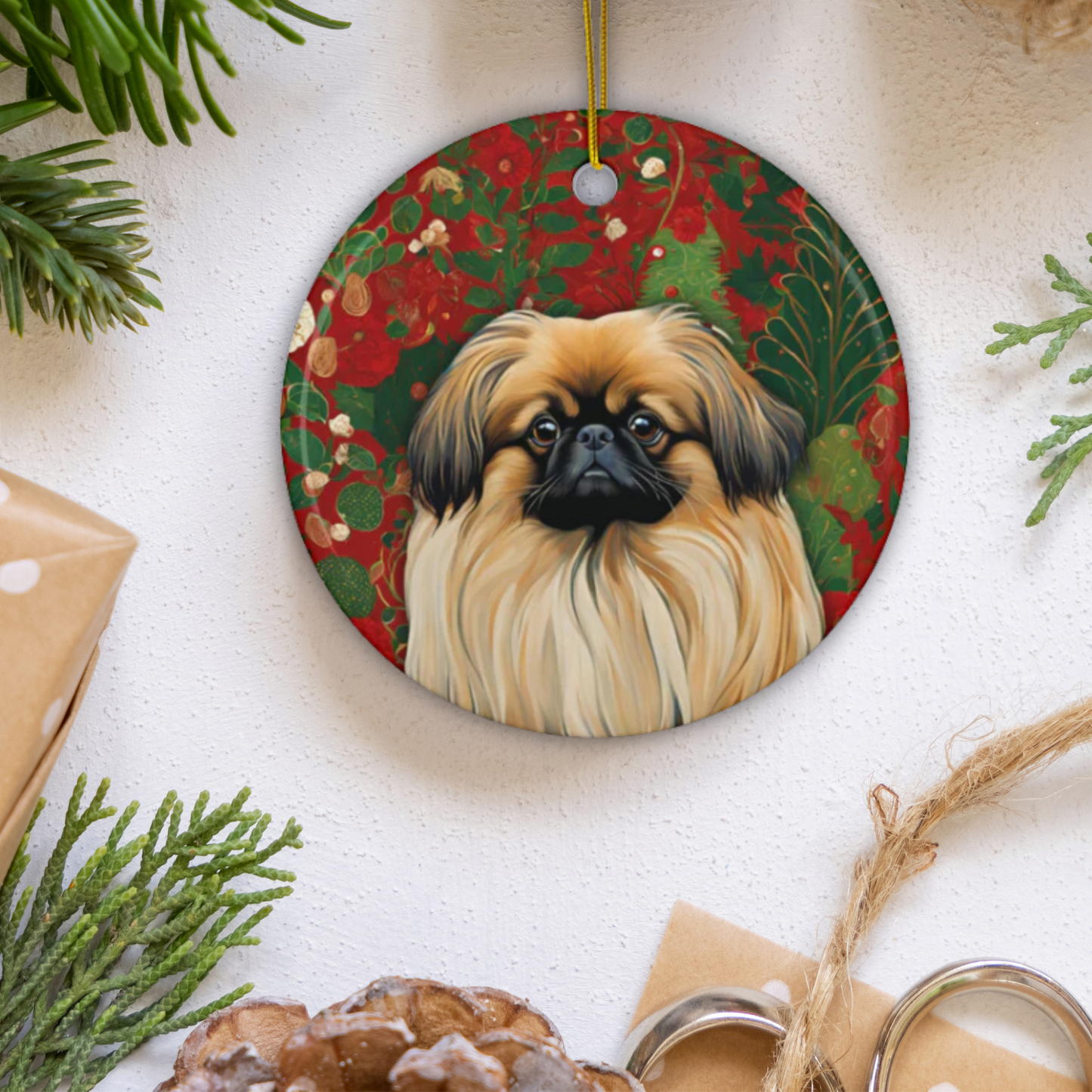 Pekingese Christmas 3" Ceramic Ornaments, 2-Side Print, (1pc, 10pcs)