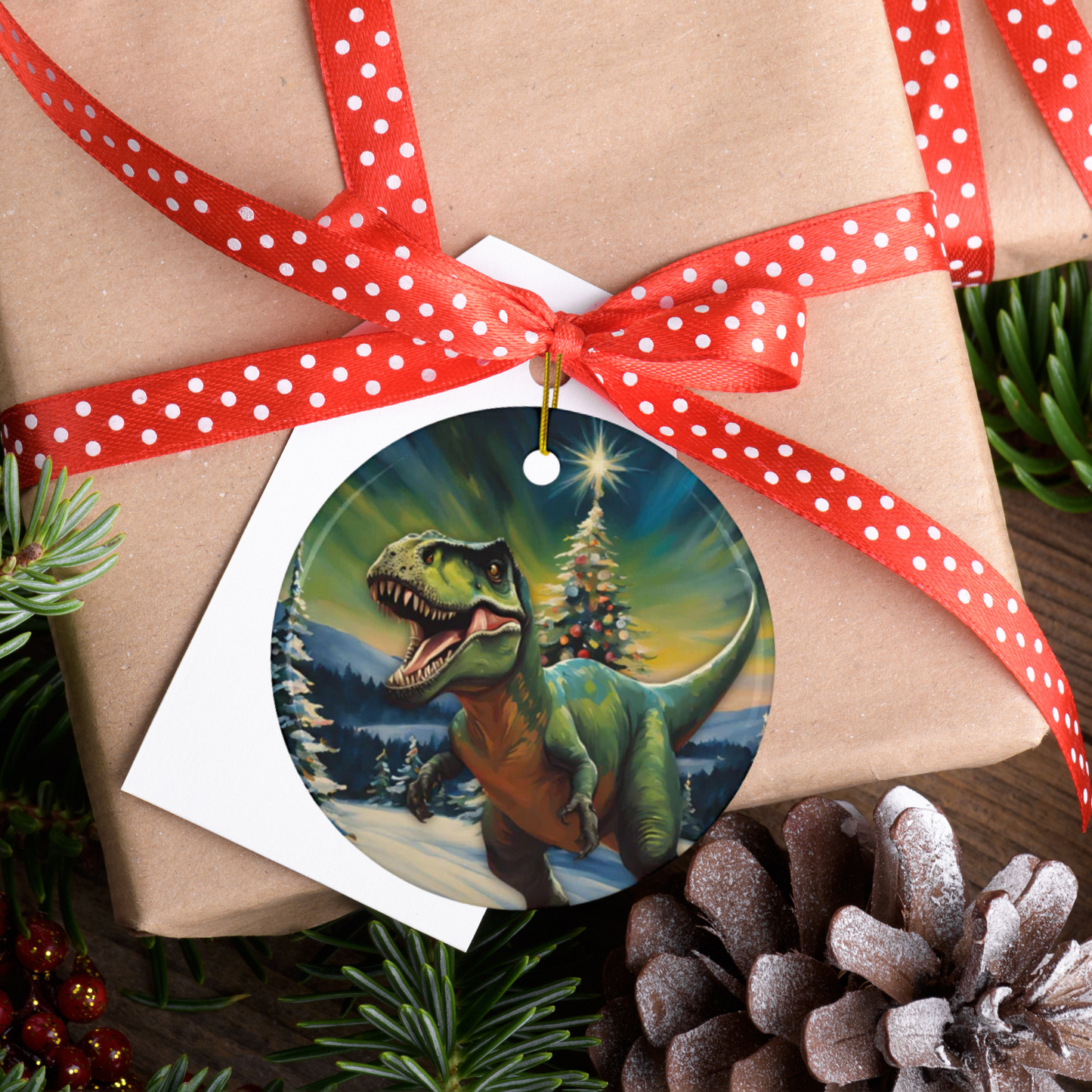 T-Rex Christmas 3" Ceramic Ornaments, 2-Side Print, (1pc, 10pcs)