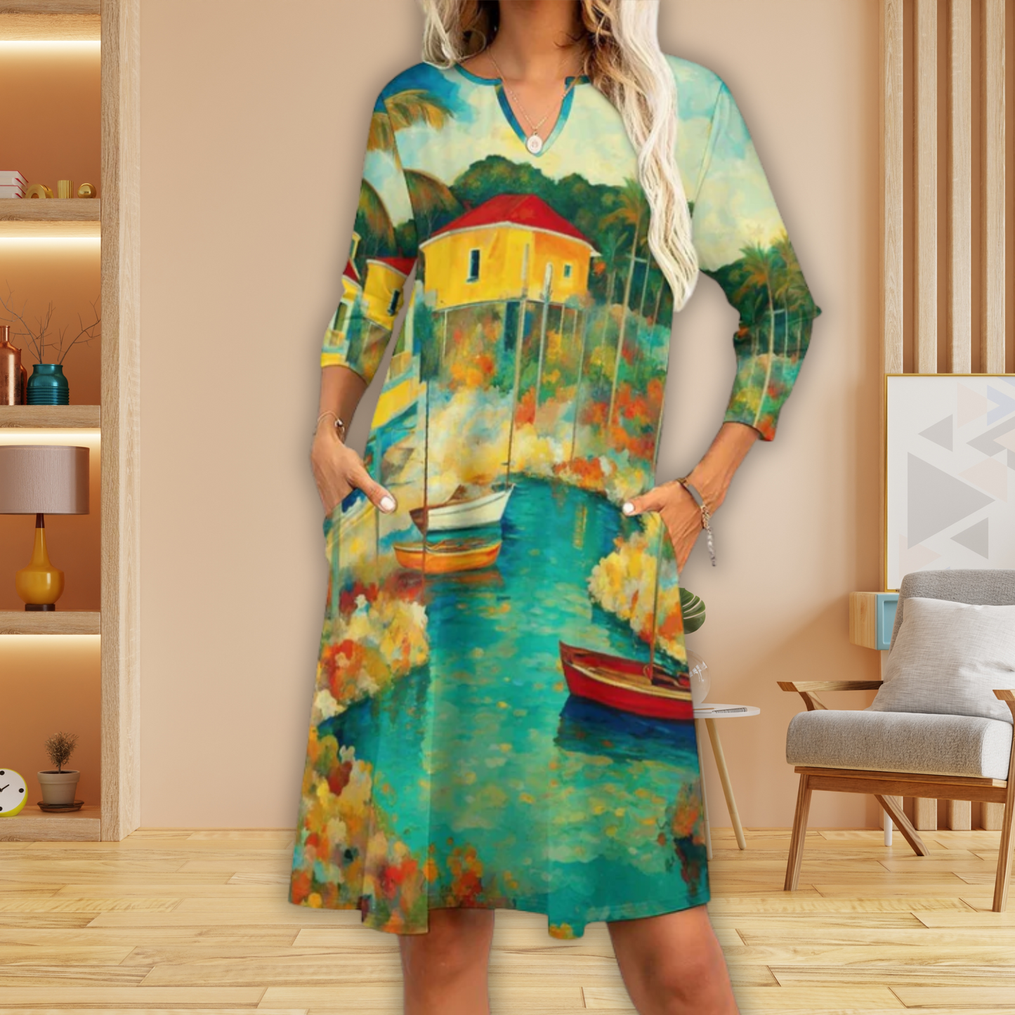 Abacos Bahamas V-neck 3/4 Sleeve Dress with Pockets