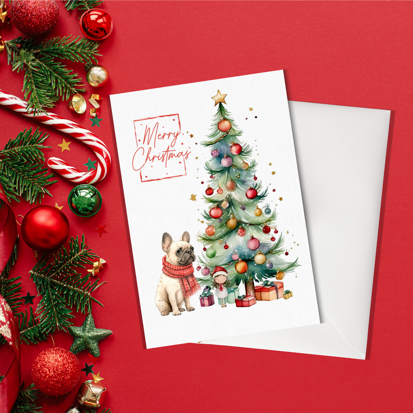 French Bulldog Merry Christmas Tree Cards (5 Pack Blank Inside)