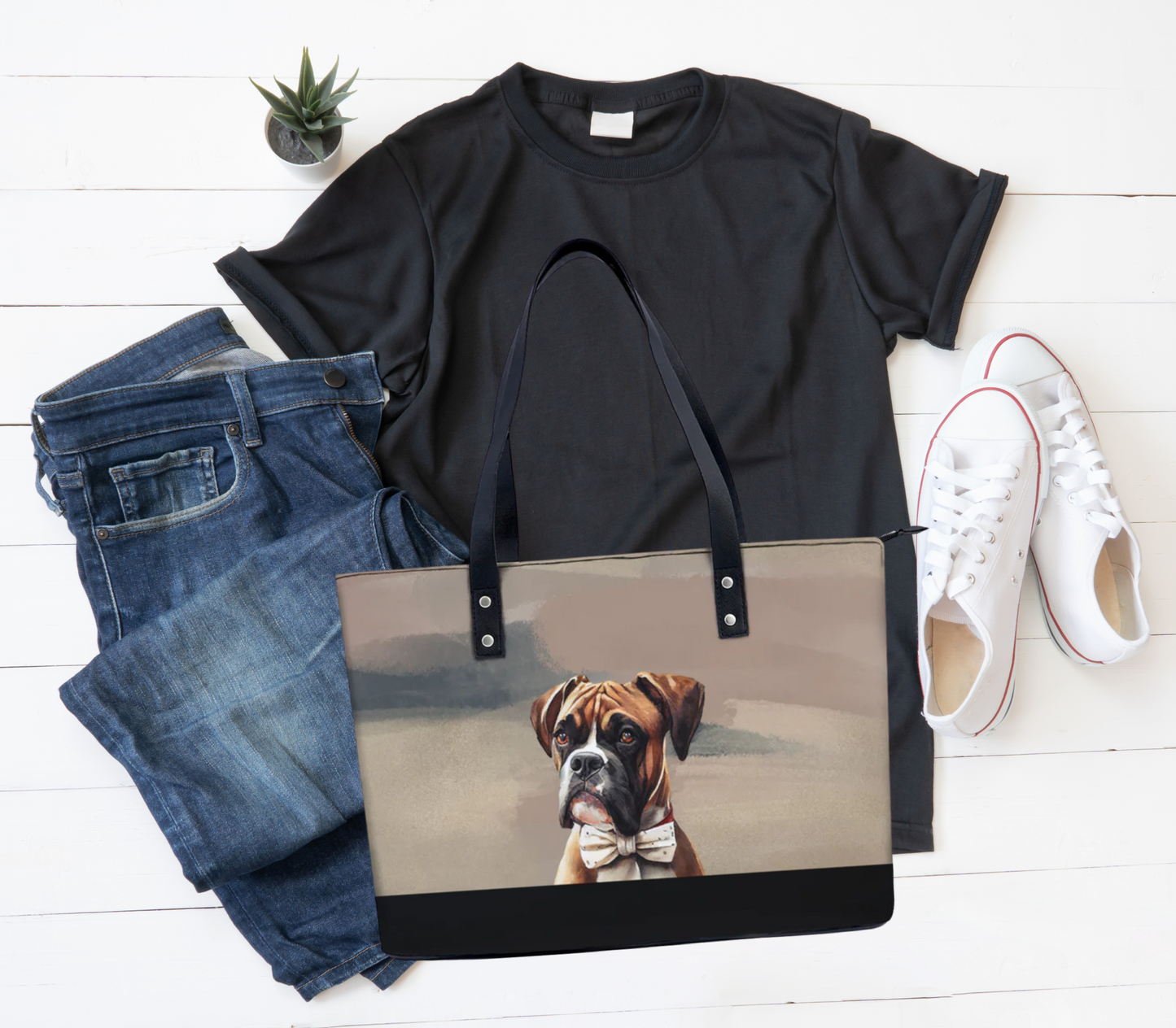 Boxer in Bowtie  PU Leather Handbag Tote