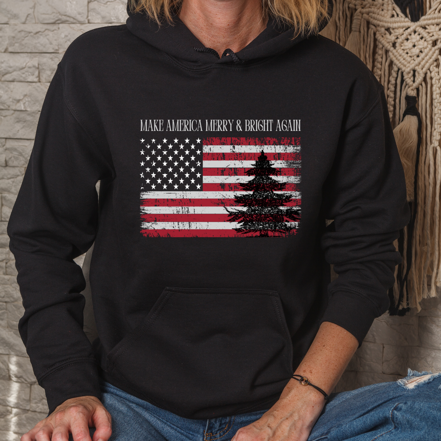 American Flag Make America Merry & Bright Again Unisex Heavy Blend™ Hooded Sweatshirt