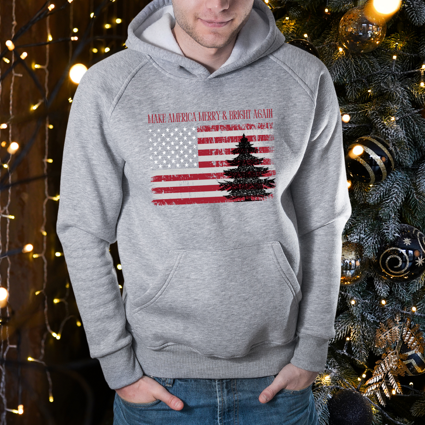 American Flag Make America Merry & Bright Again Unisex Heavy Blend™ Hooded Sweatshirt