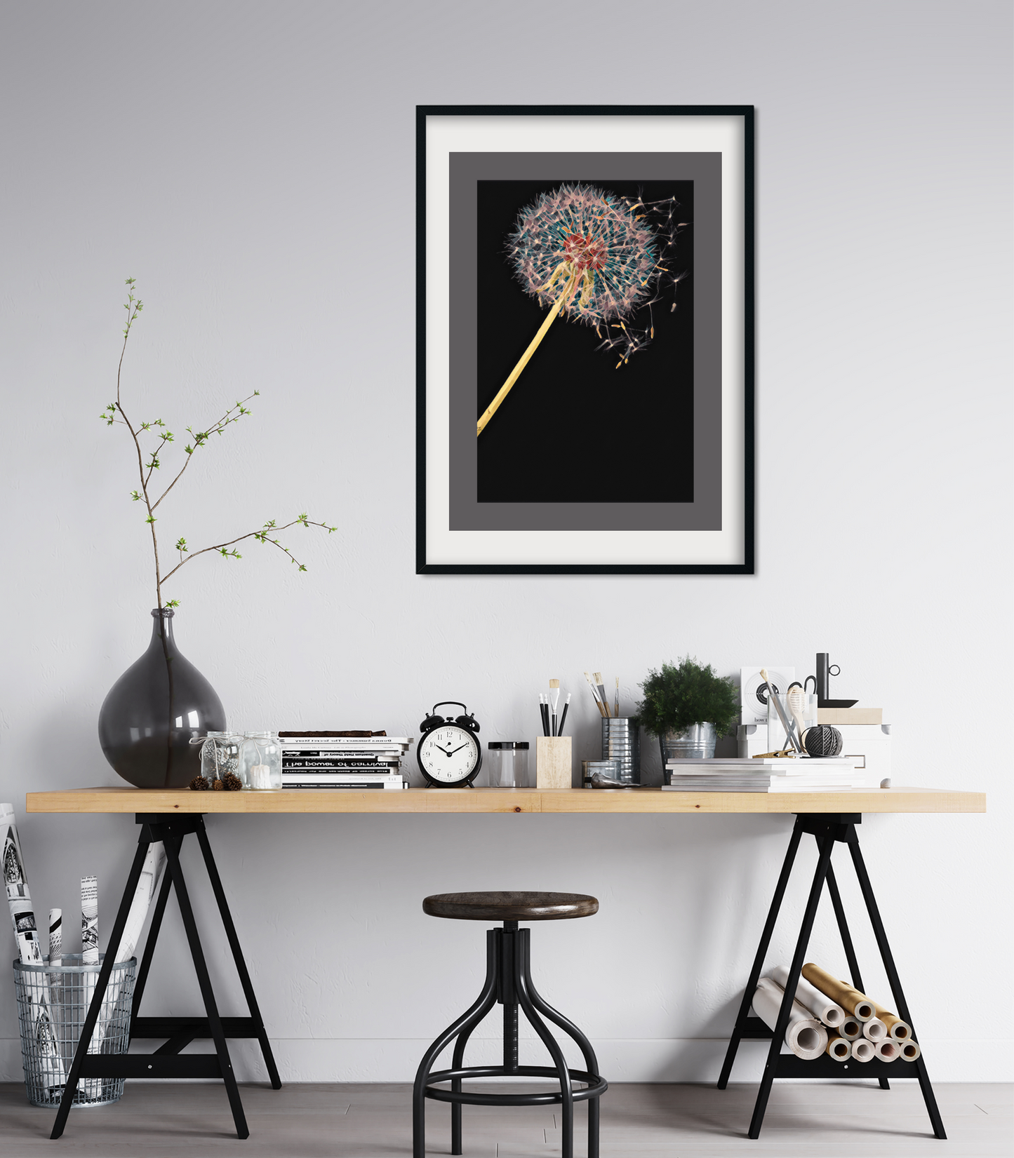 Dandelion Puffball on Black Floral Art Poster