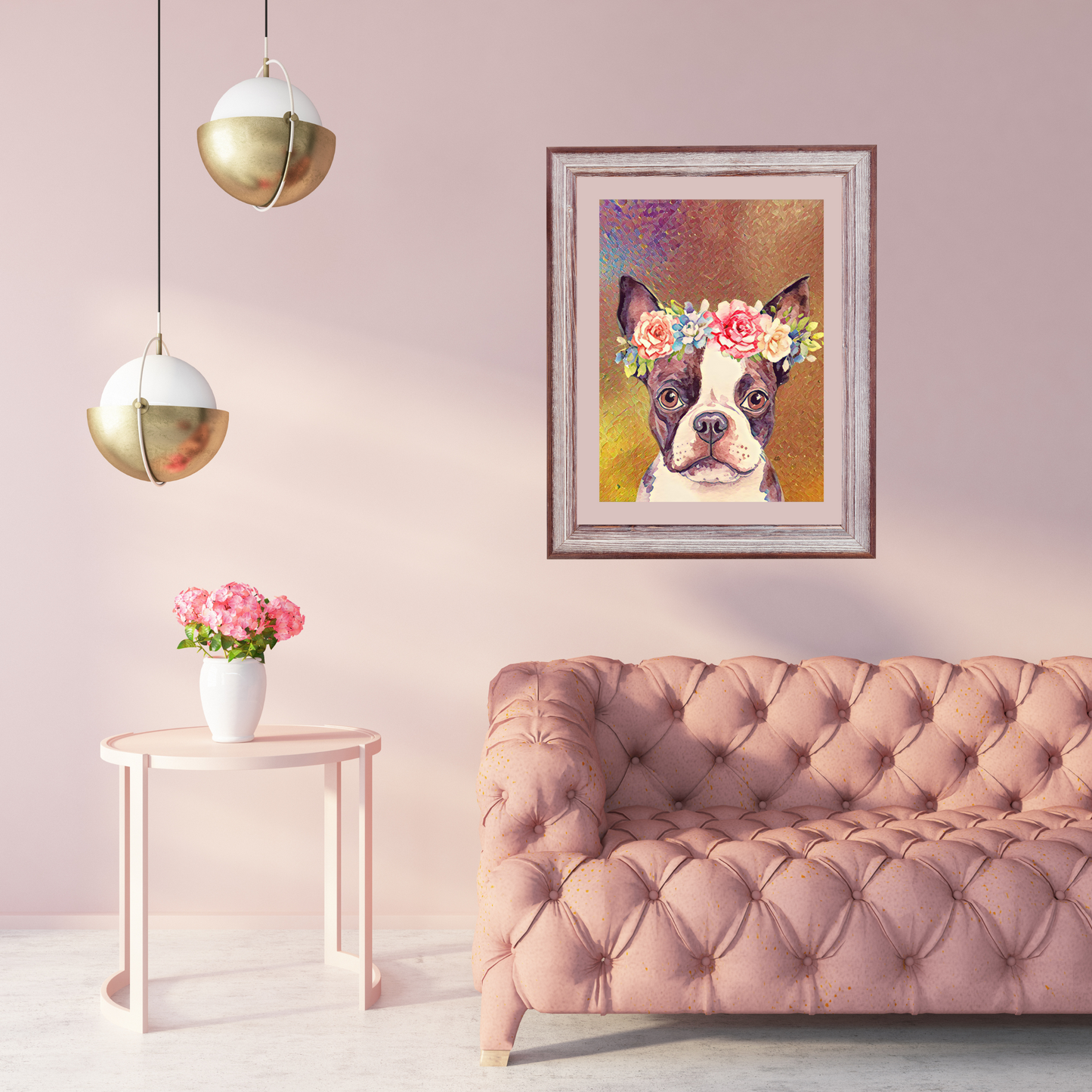 Georgina Boston Terrier with Flower Crown Poster