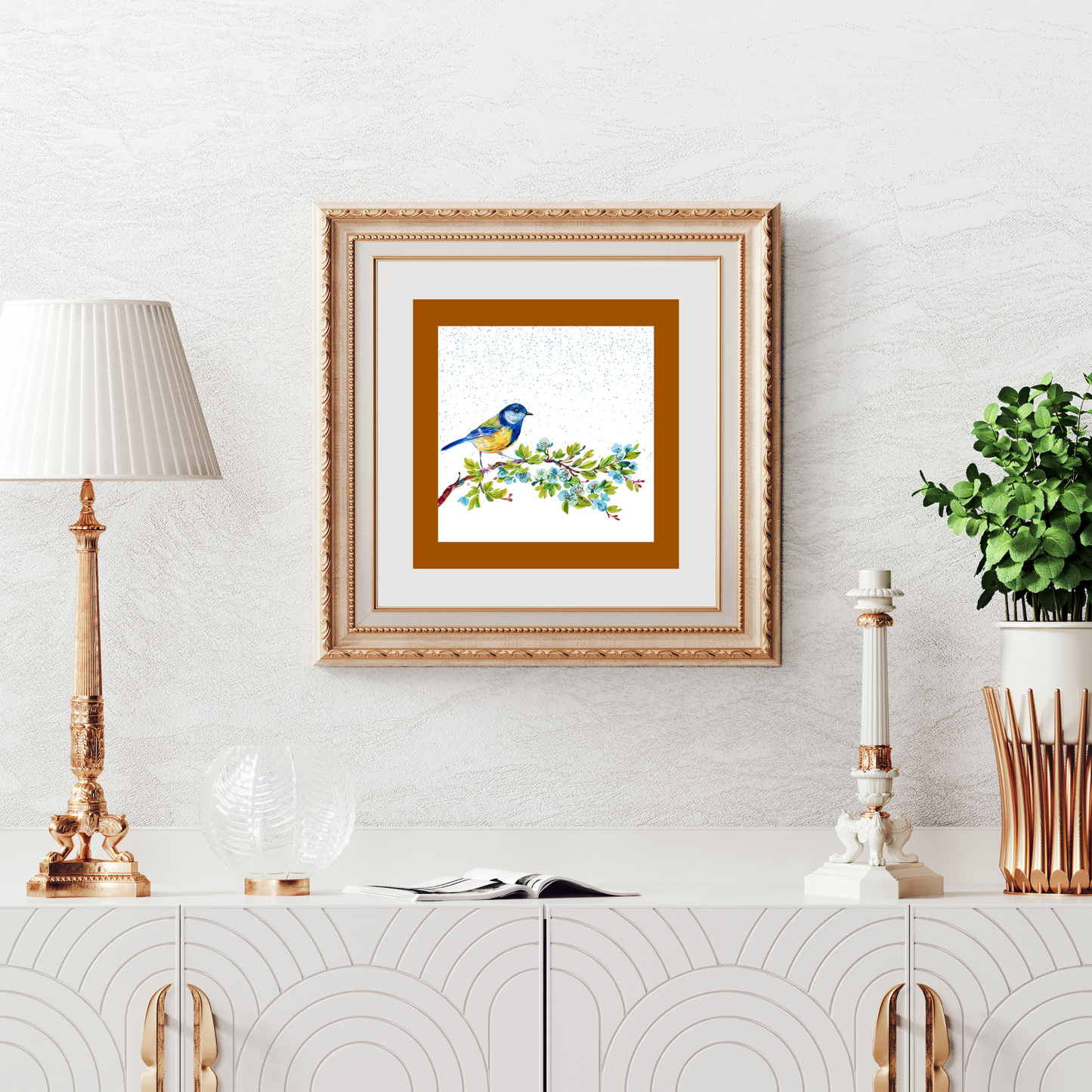 Trilling Bird on Flowering Branch Poster