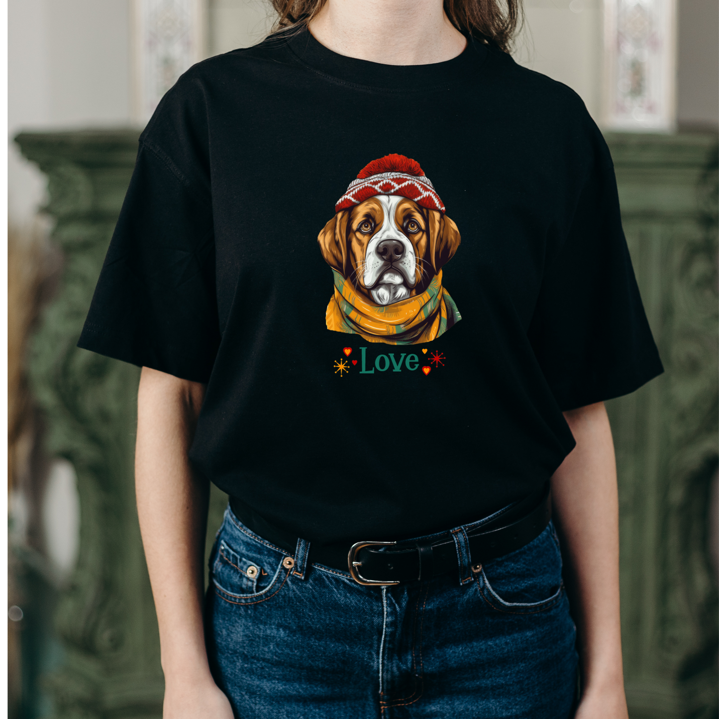 Saint Bernard in Hat & Scarf Love Unisex Jersey Short Sleeve Tee