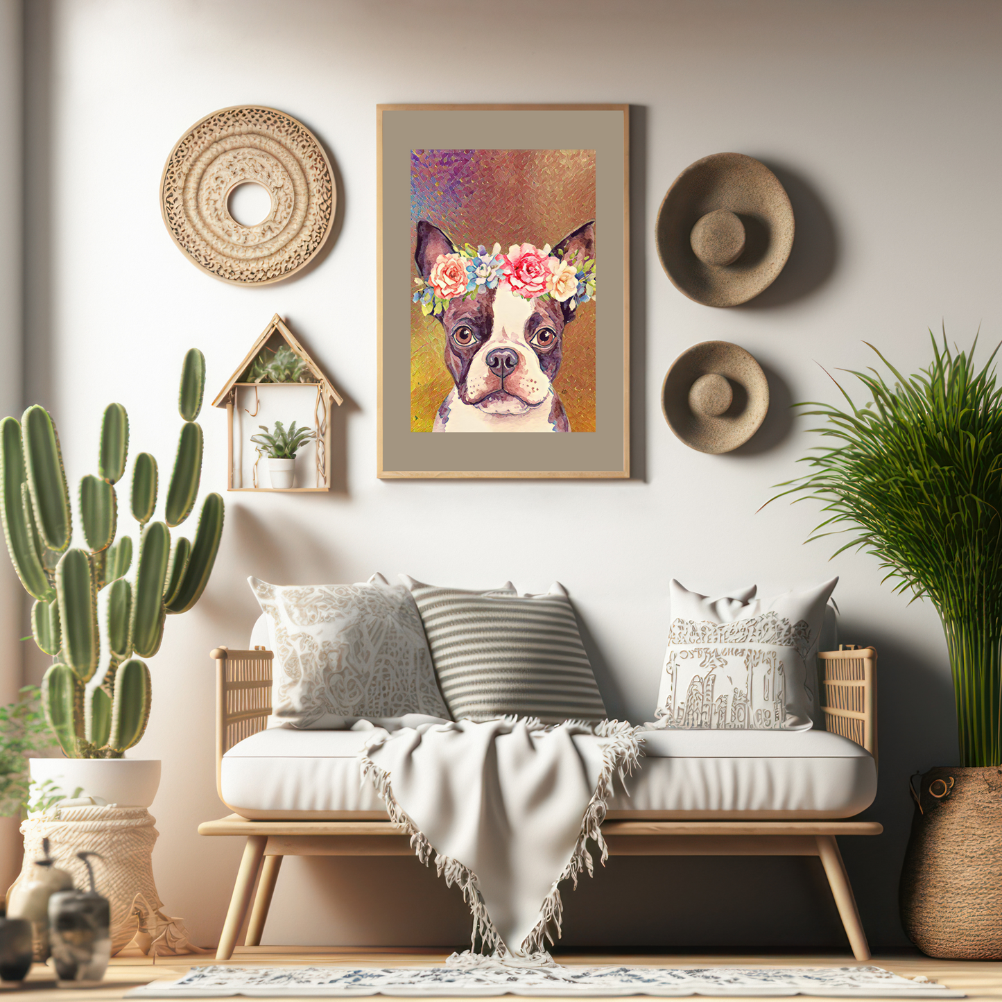 Georgina Boston Terrier with Flower Crown Poster