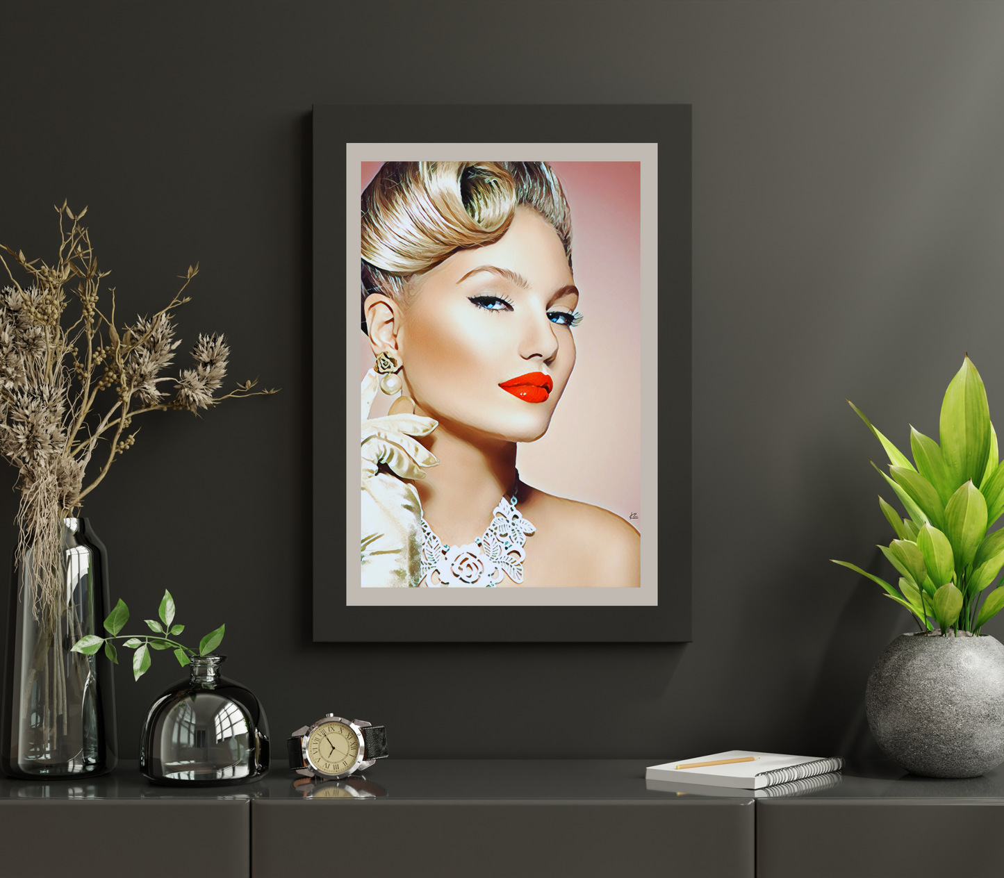 Loren Blonde Woman with Up Do & Red Lips Art Poster