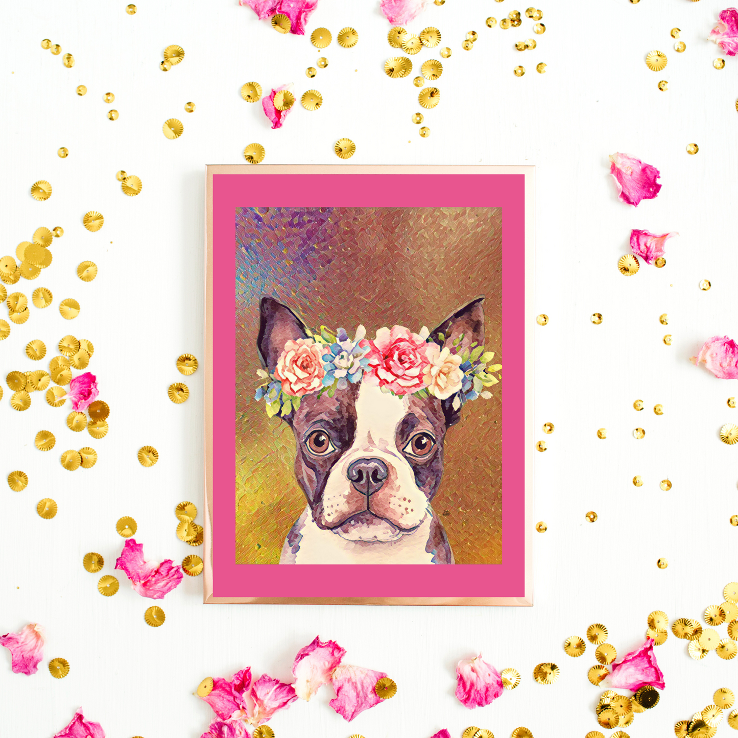 Georgina Boston Terrier with Flower Crown Poster