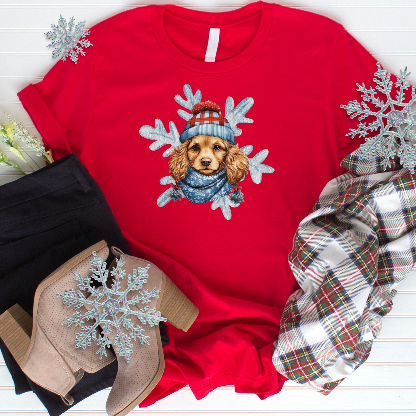 Snow Dog Cute Christmas Dog in Hat & Scarf Unisex Jersey Short Sleeve Tee