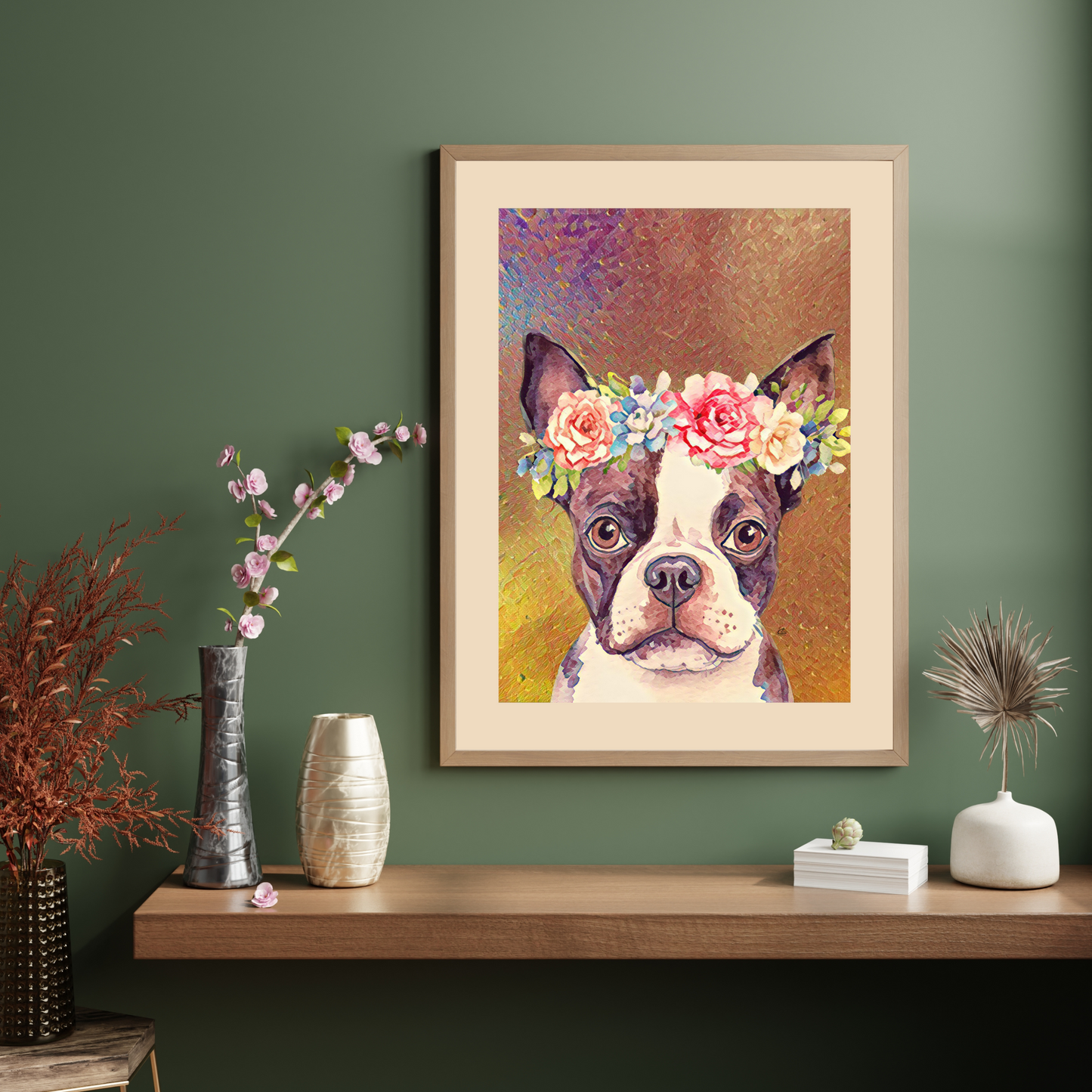 Georgina Boston Terrier with Flower Crown Poster