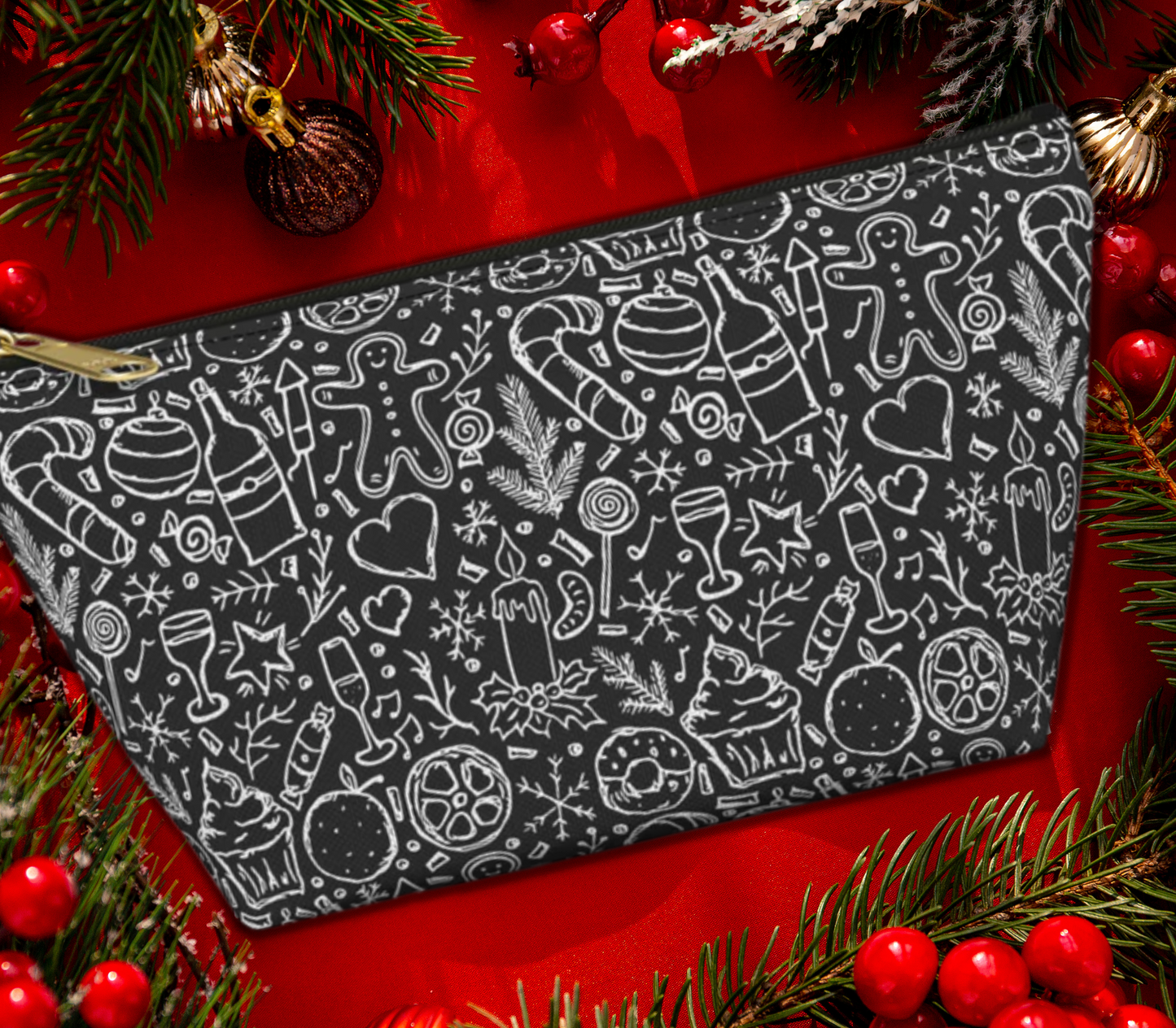 Christmas Holiday Icons in Black & White Accessory Pouch w T-bottom