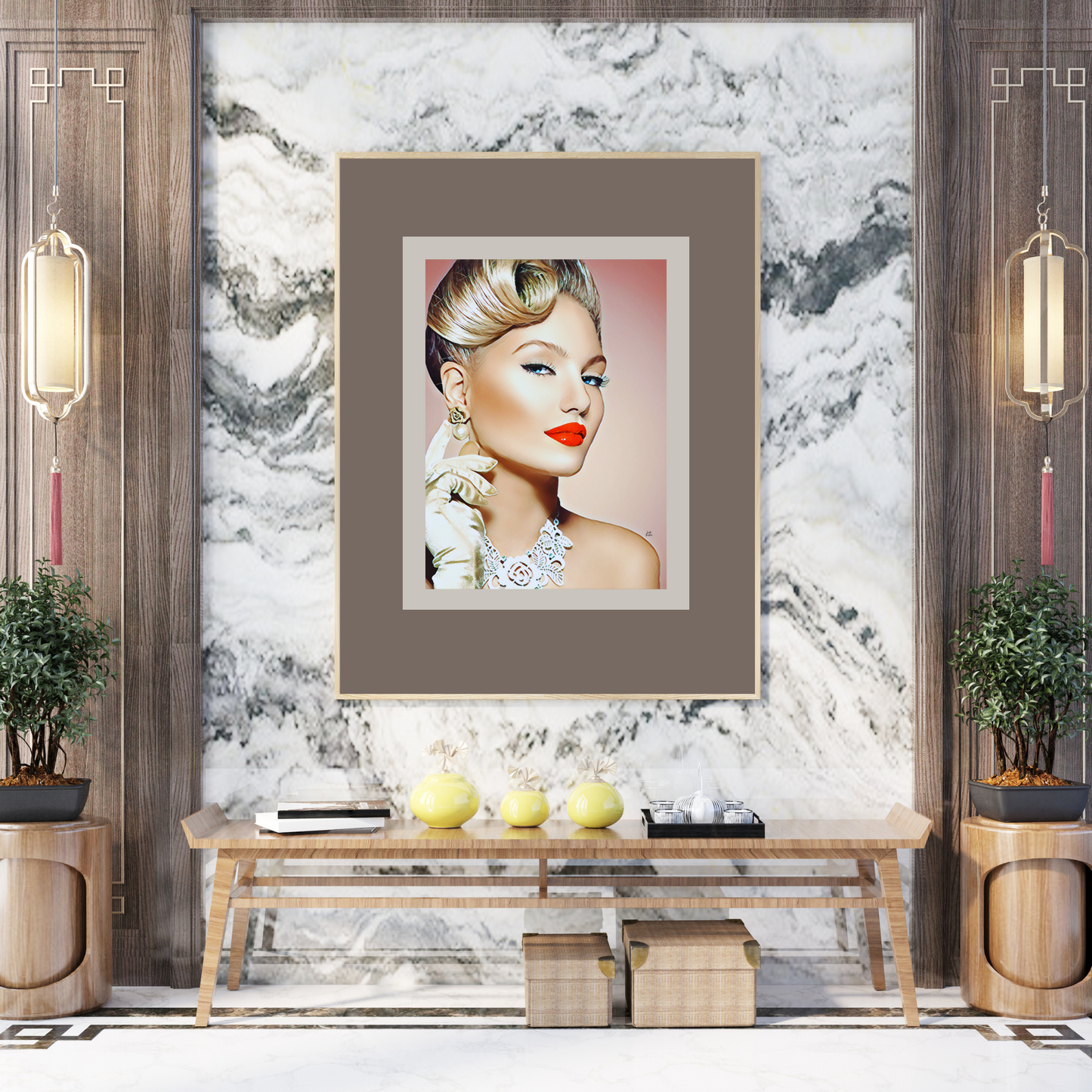 Loren Blonde Woman with Up Do & Red Lips Art Poster