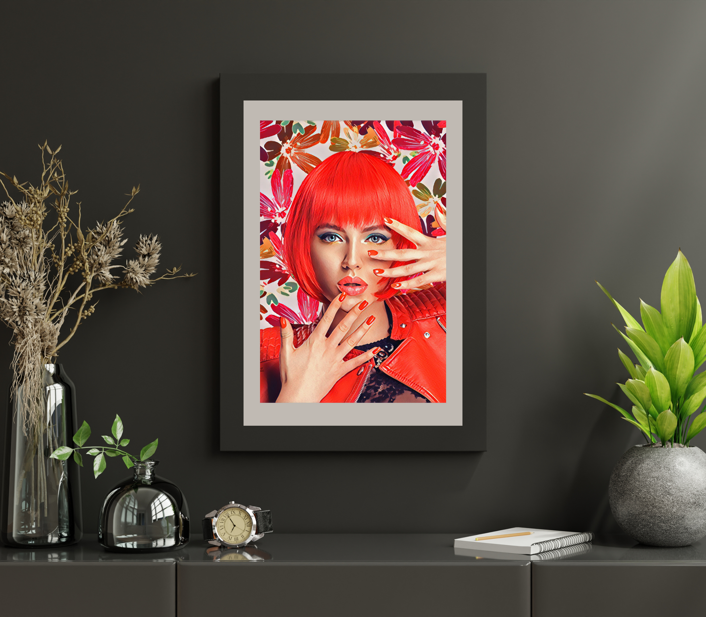 Shanna Woman with Red Bob Hair Flowers Background Art Poster