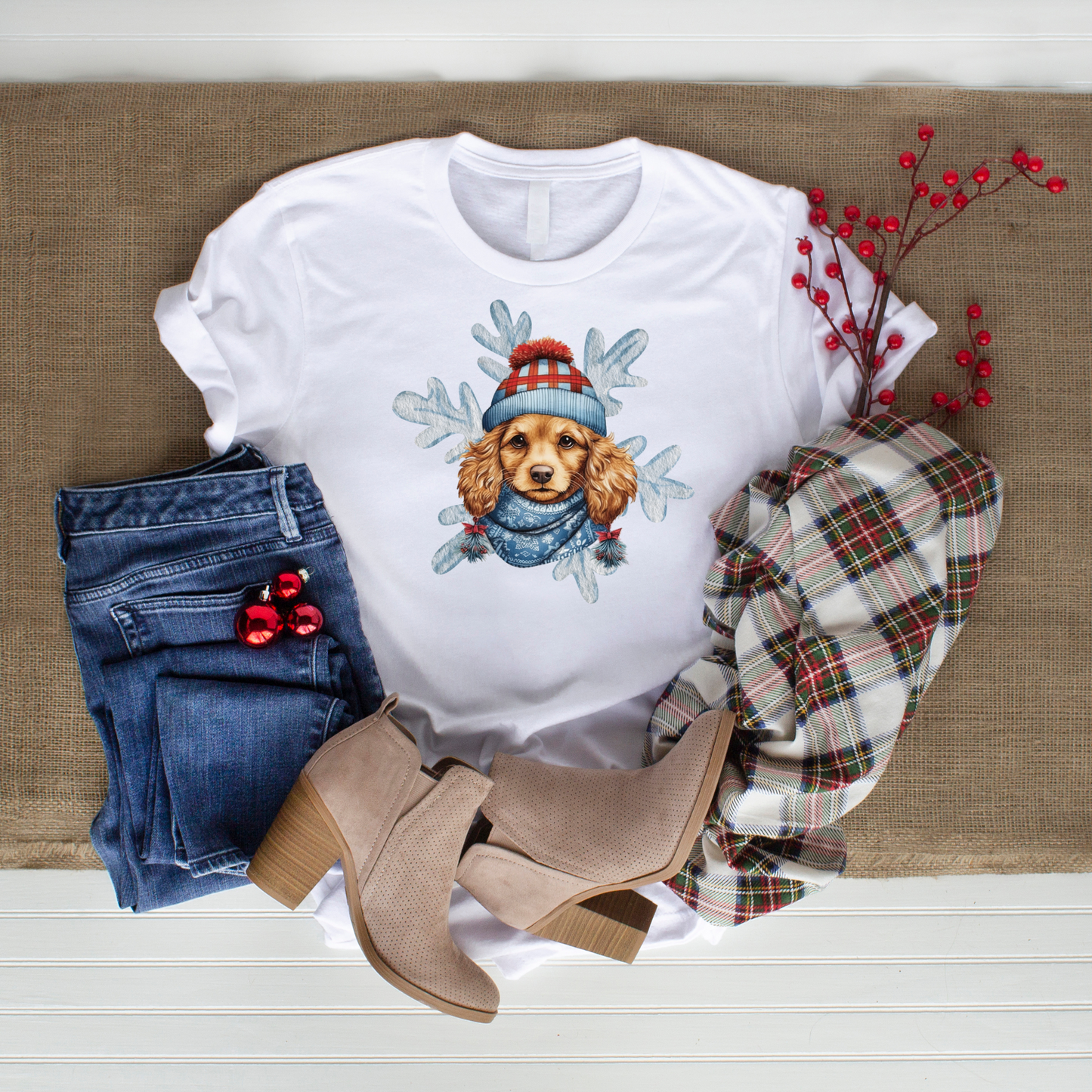 Snow Dog Cute Christmas Dog in Hat & Scarf Unisex Jersey Short Sleeve Tee