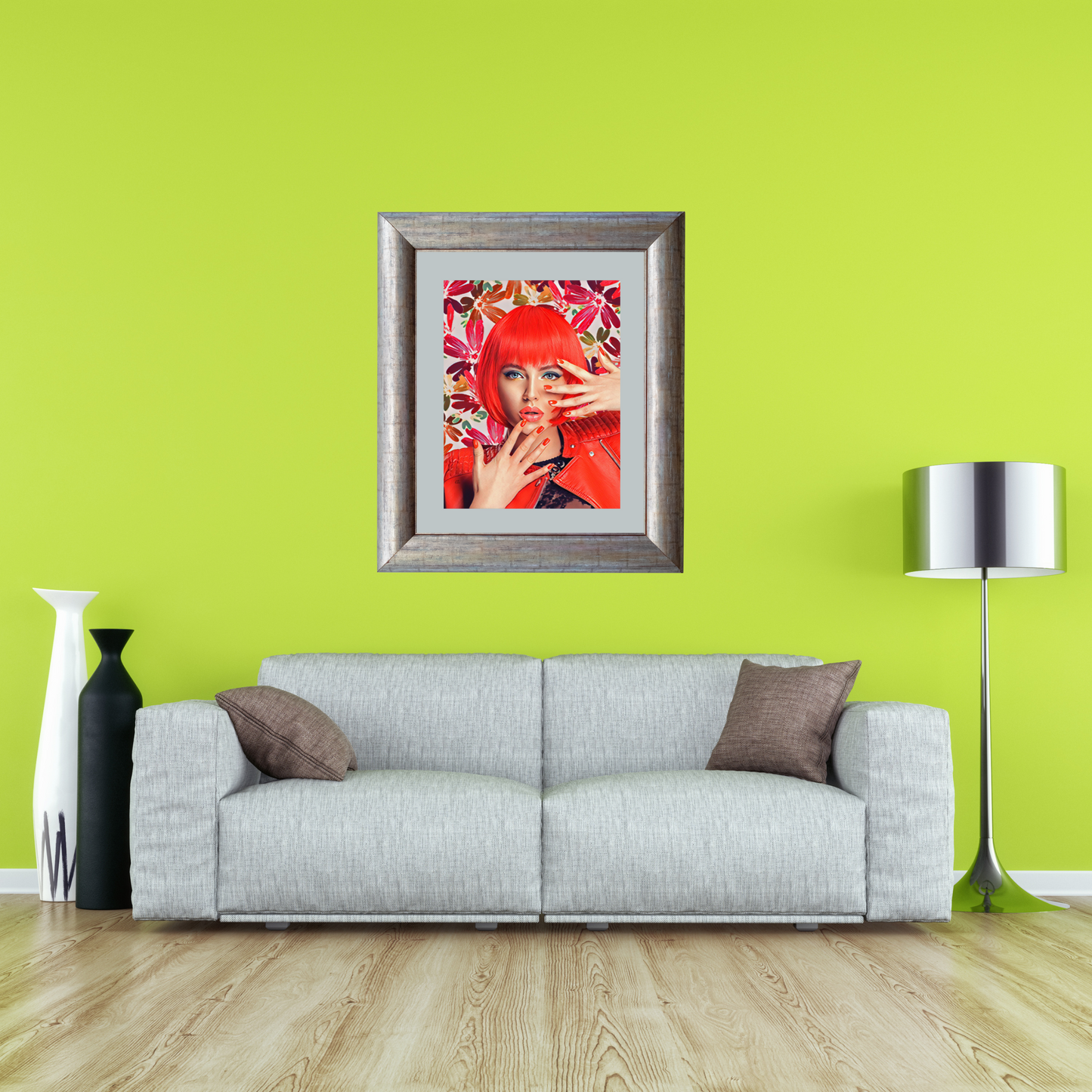 Shanna Woman with Red Bob Hair Flowers Background Art Poster