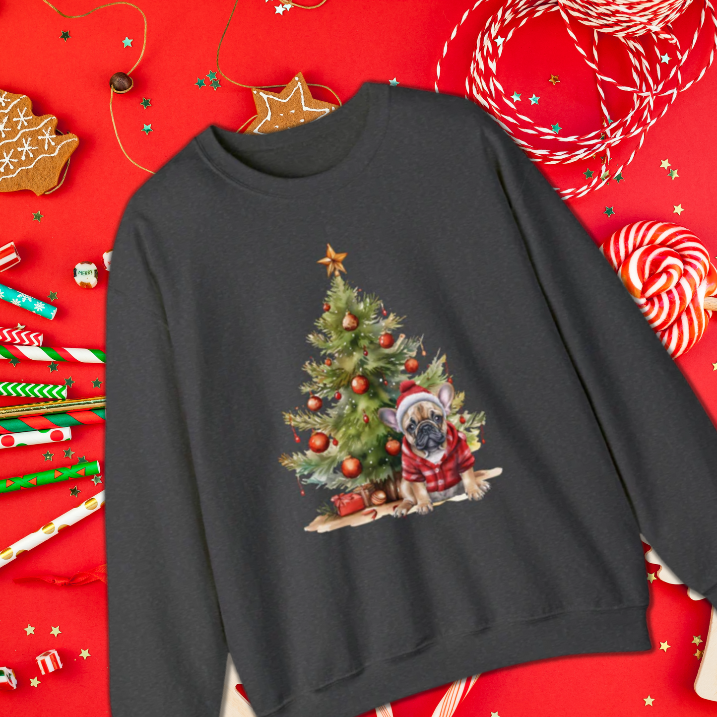 Bulldog Under the Christmas Tree Unisex Heavy Blend™ Crewneck Sweatshirt