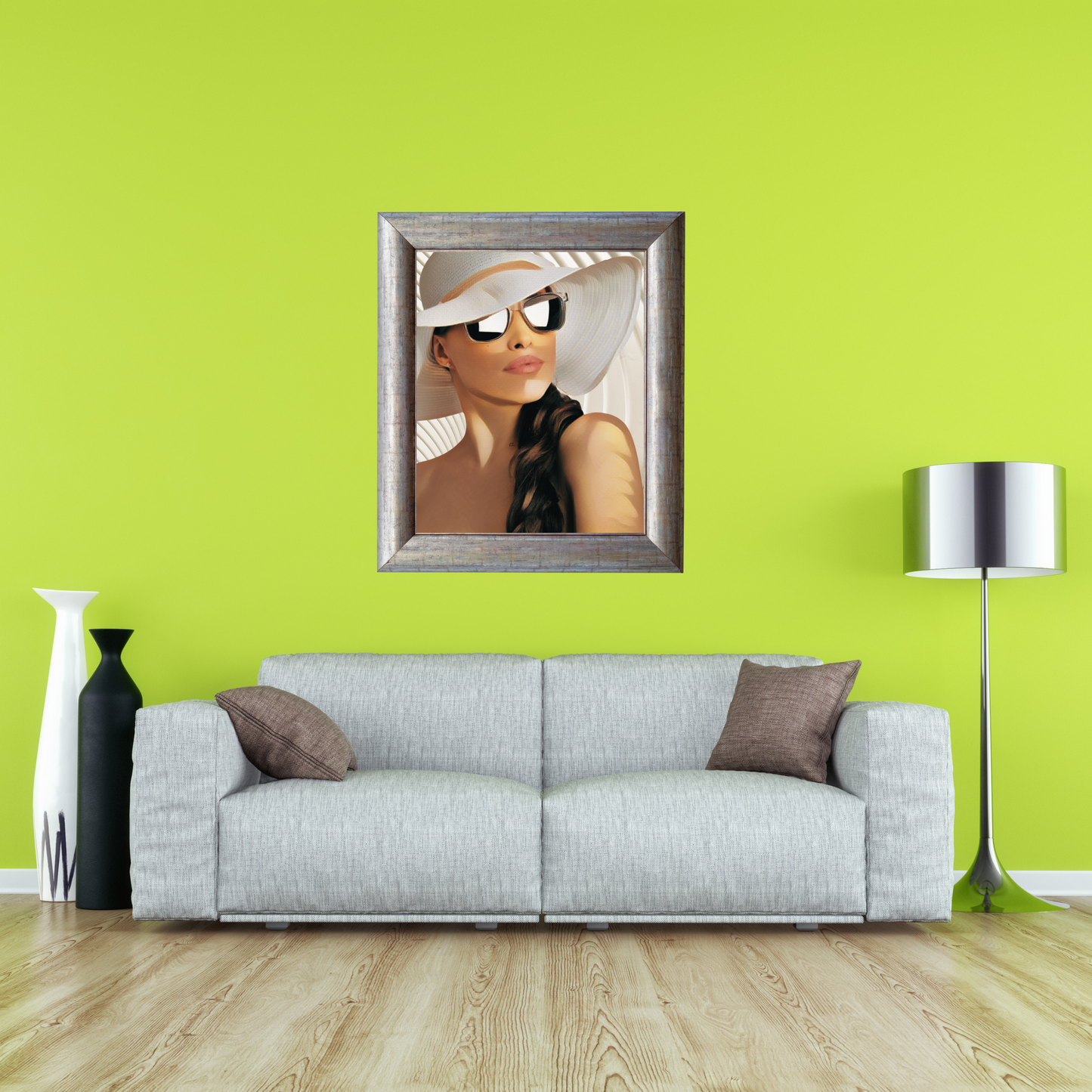 Virginia Brunette Woman in White Hat & Sunglasses Portrait Art Poster