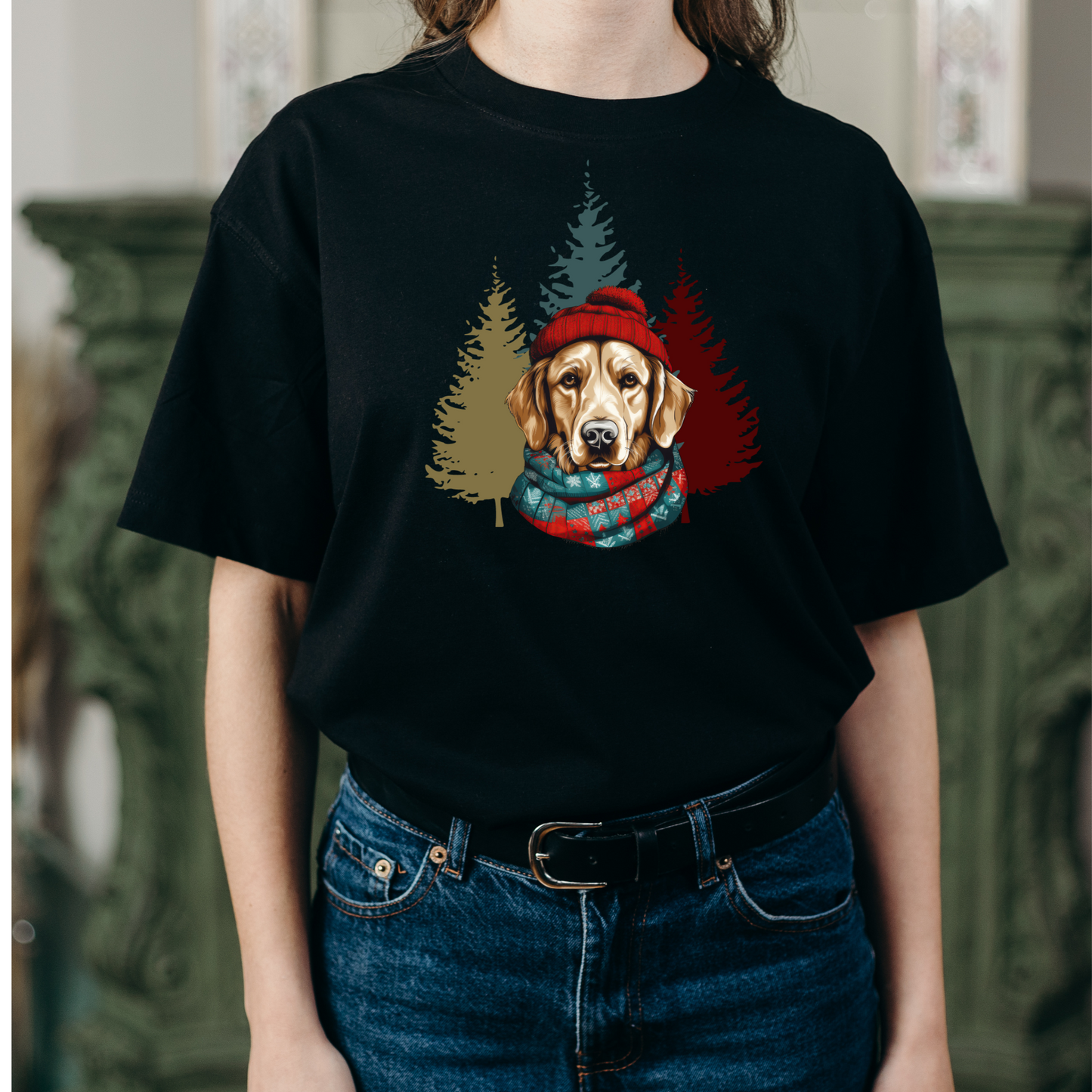 Golden Retriever in Hat & Scarf Unisex Jersey Short Sleeve Tee