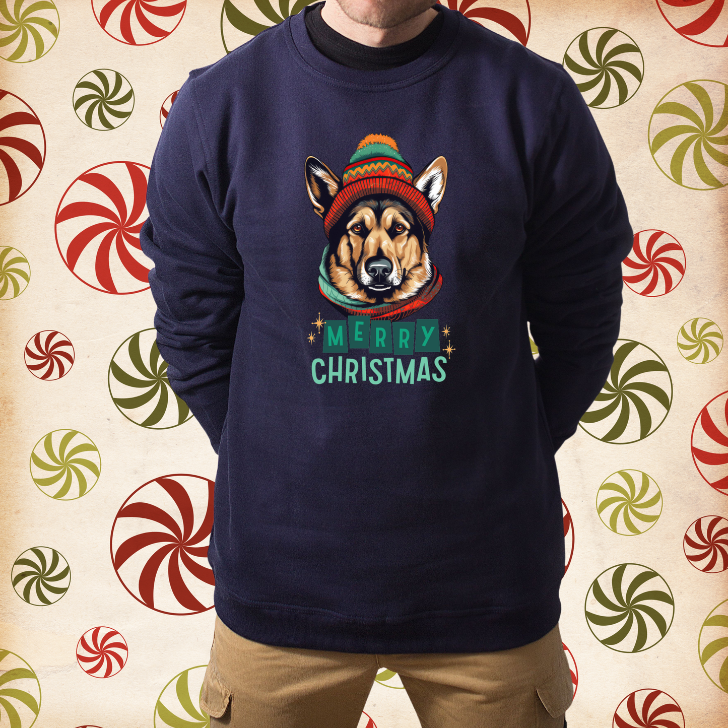 German Shepherd In Hat & Scarf Merry Christmas Unisex Heavy Blend™ Crewneck Sweatshirt