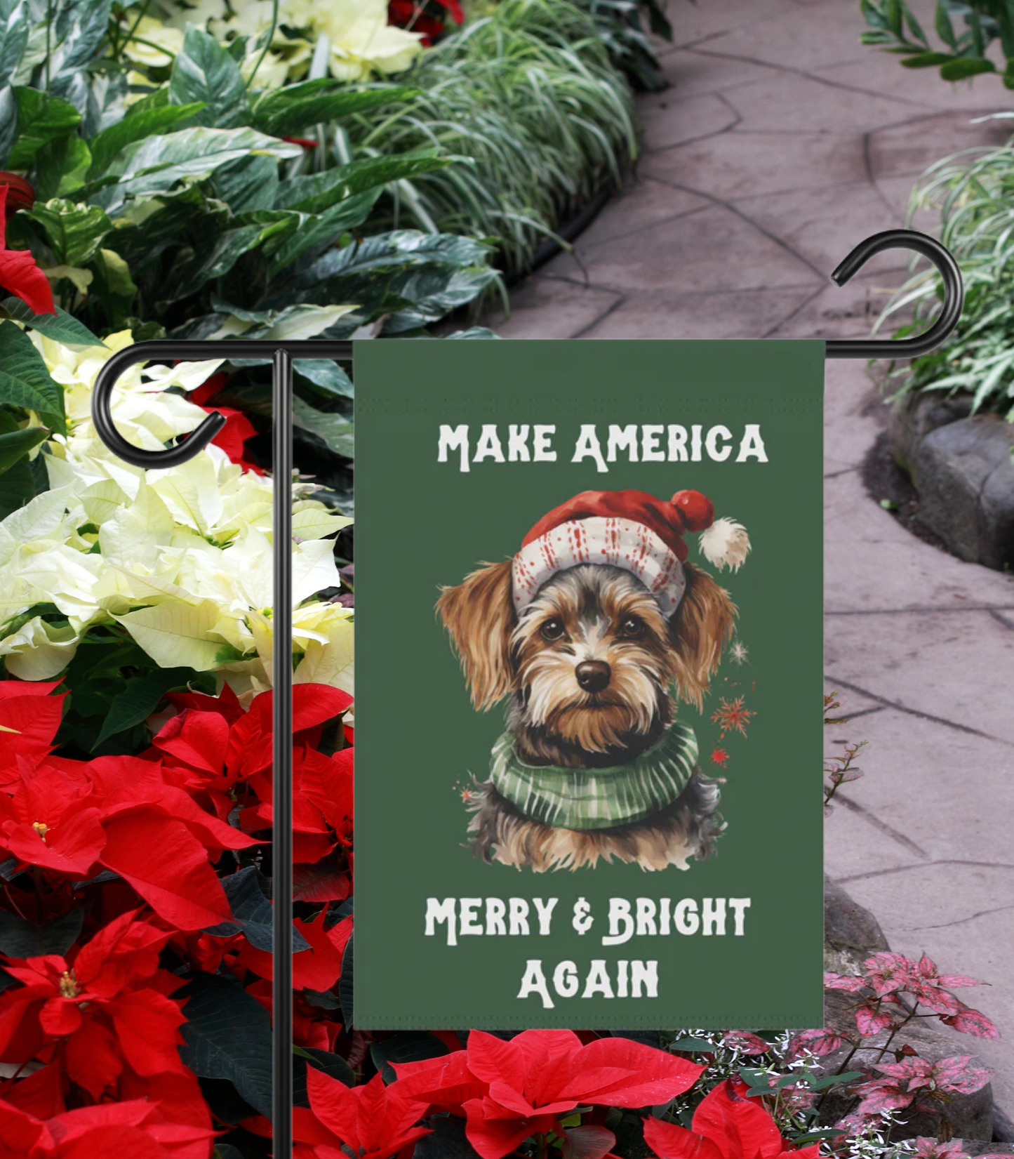 Make America Merry & Bright Again Dog in Santa Hat 2-Sided Garden Banner