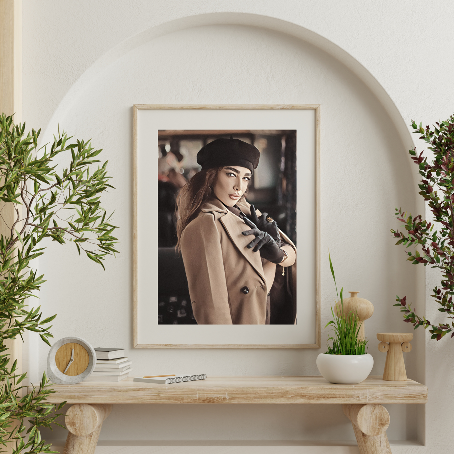 Yvette Woman in Tan Coat Black Gloves & Beret Art Poster