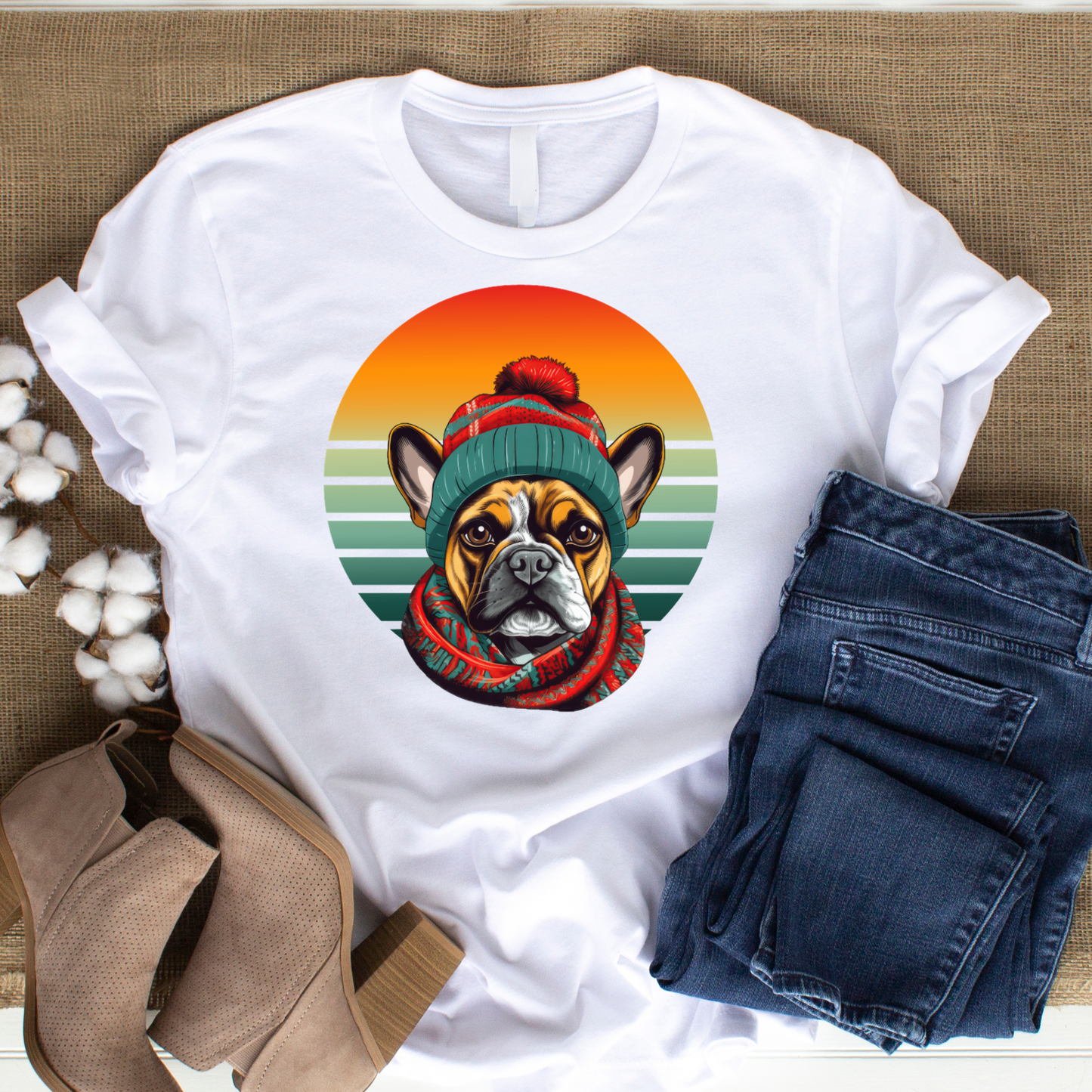 Retro French Bulldog in Hat & Scarf Unisex Jersey Short Sleeve Tee