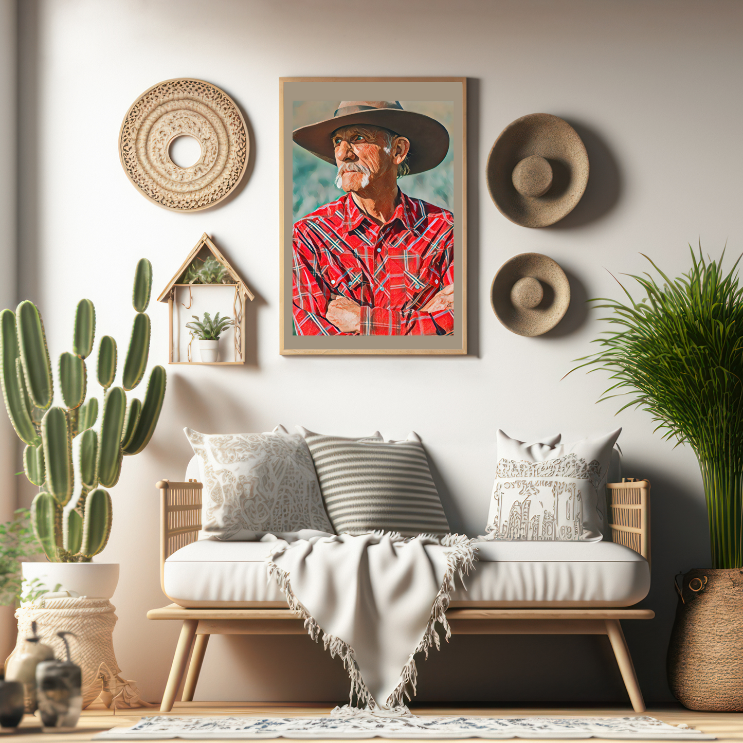 Dusty Senior Cowboy in Red Plaid Shirt Art Poster