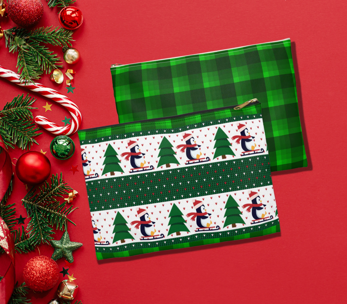 Sledding Penguins Green Plaid Accessory Pouch