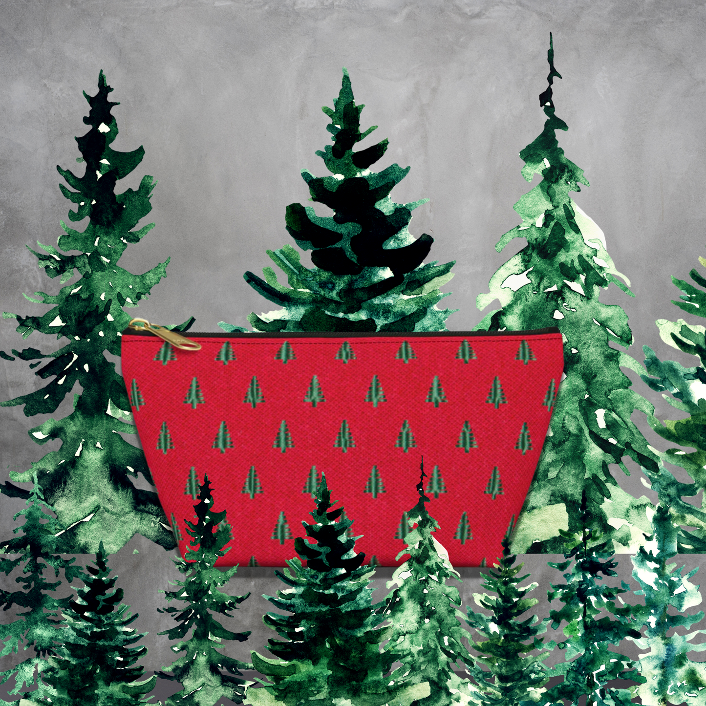 Tiny Tree Print on Red Accessory Pouch w T-bottom