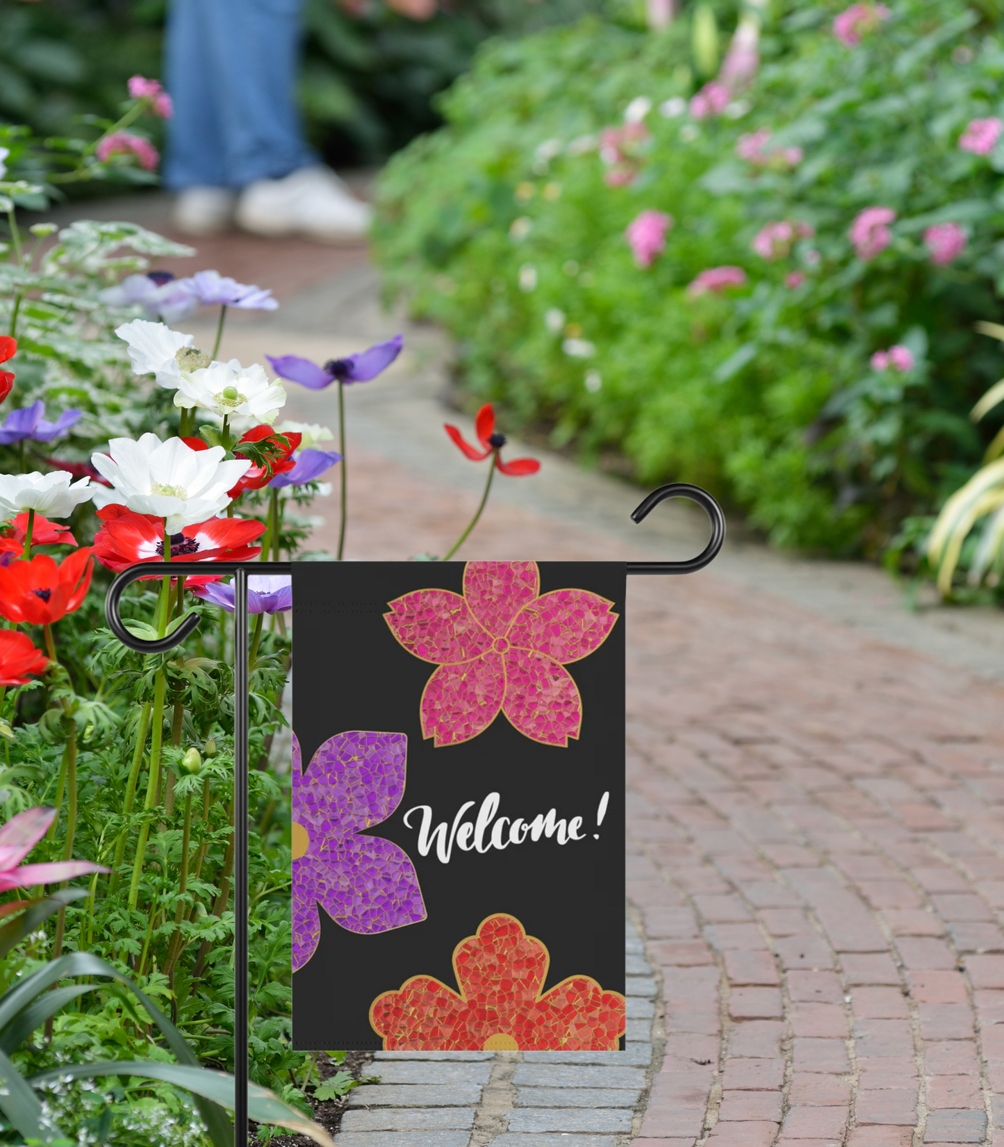 Stained Glass Flowers Welcome 2-Sided Garden & House Banner