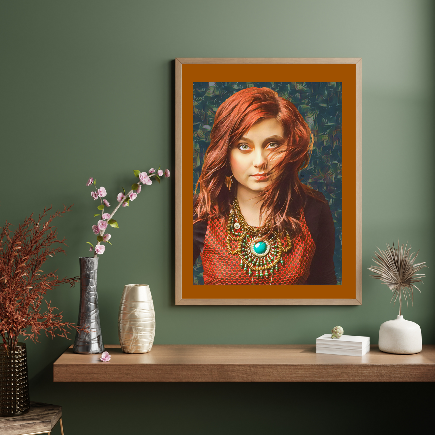 Cortania Red Haired Woman Turquoise Necklace Portrait Art Poster