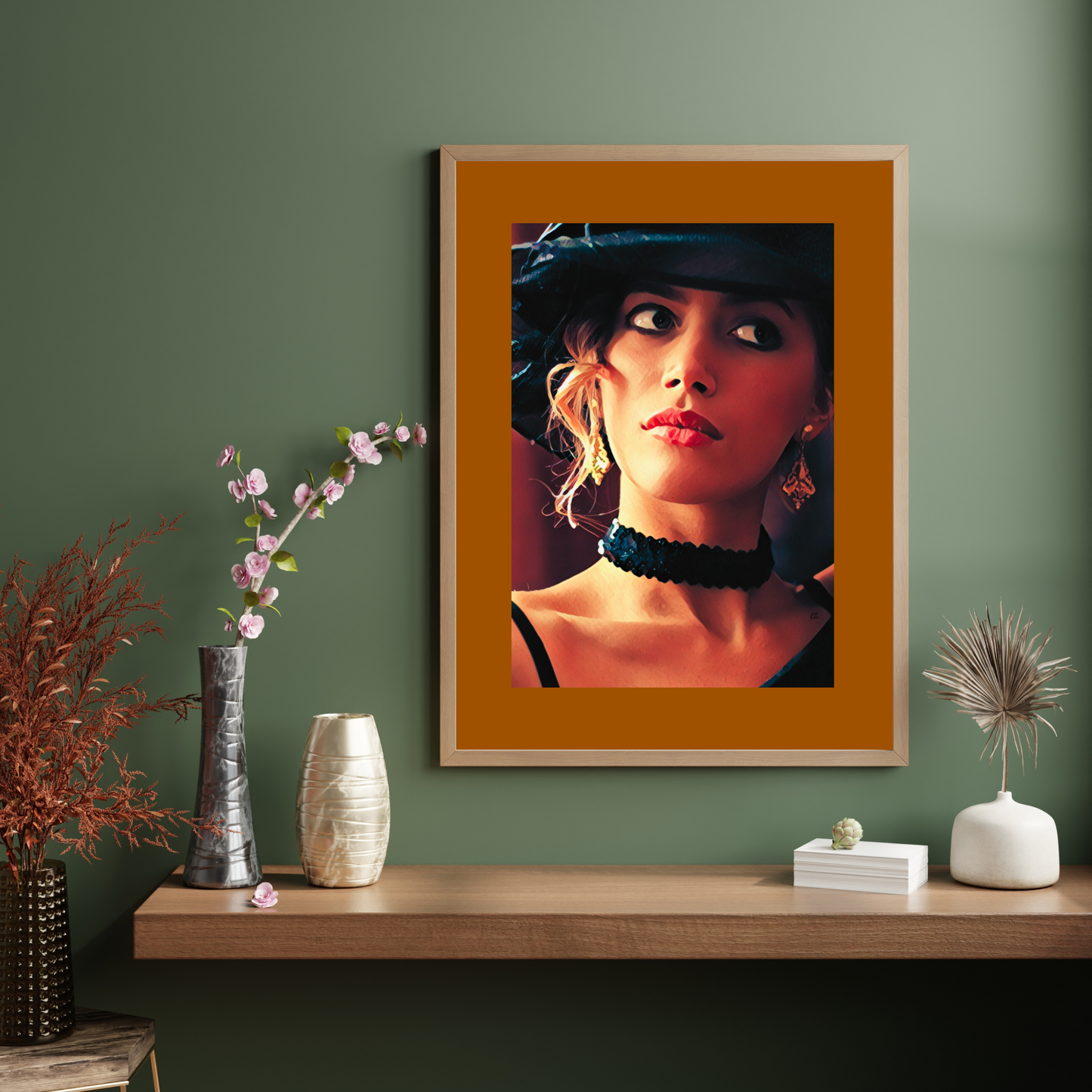 Toulanie Woman in Black Hat Sequin Necklace Art Poster