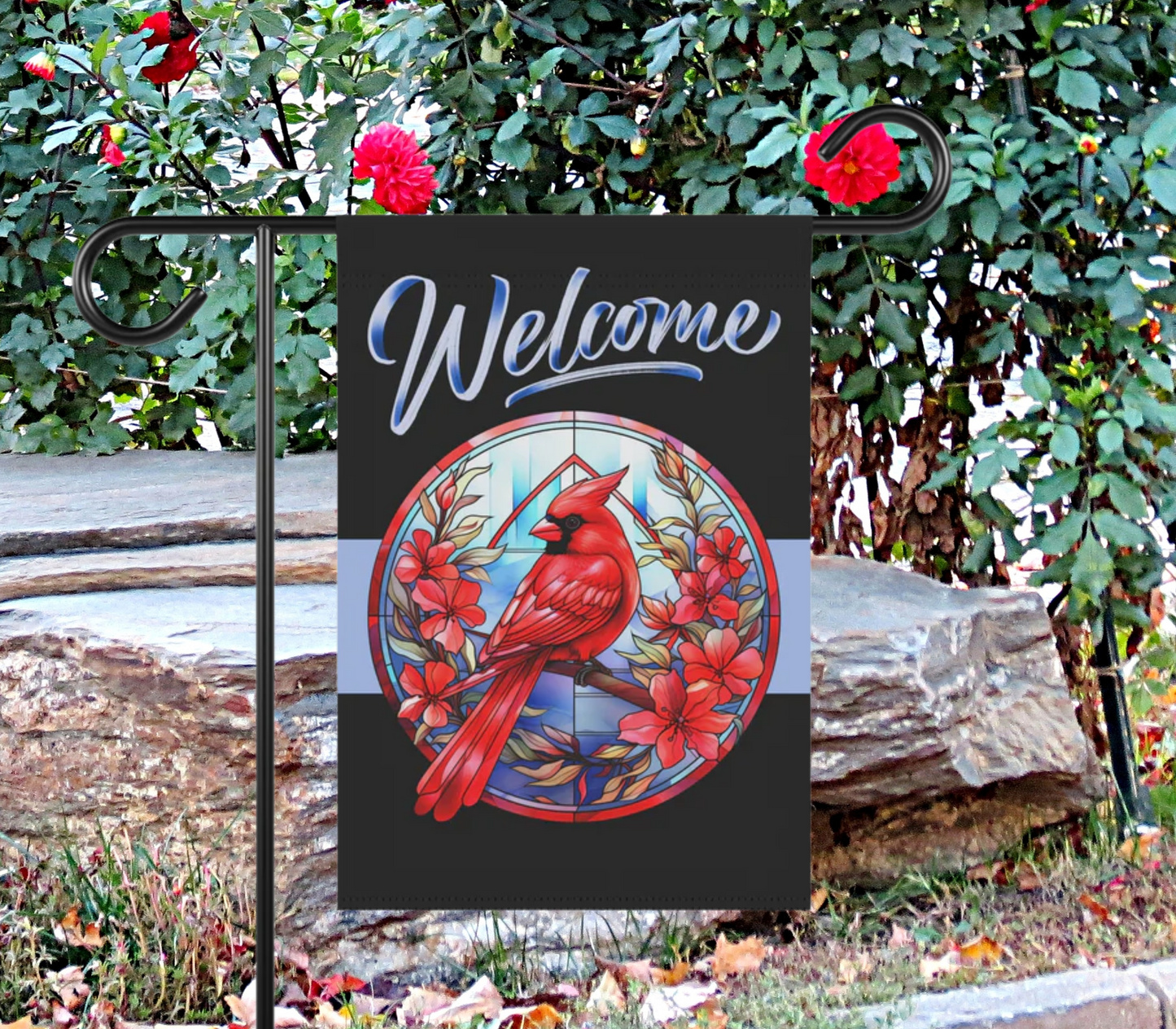 Stained Glass Cardinal 6 Welcome 2-Sided Garden & House Banner