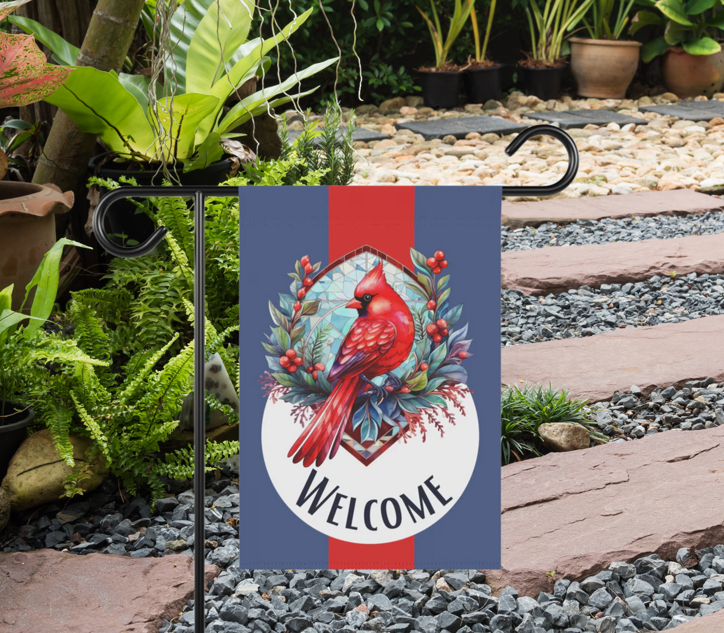 Stained Glass Cardinal 1 Welcome 2-Sided Garden & House Banner