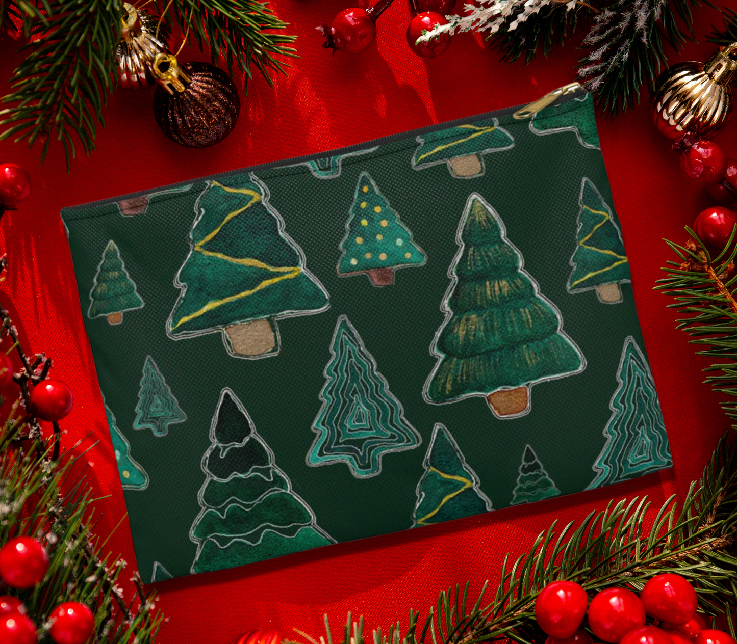 Christmas Tree Cutouts on Green Accessory Pouch