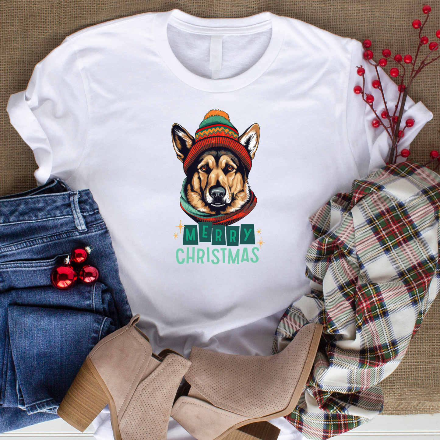 German Shepherd in Hat & Scarf Merry Christmas Unisex Jersey Short Sleeve Tee