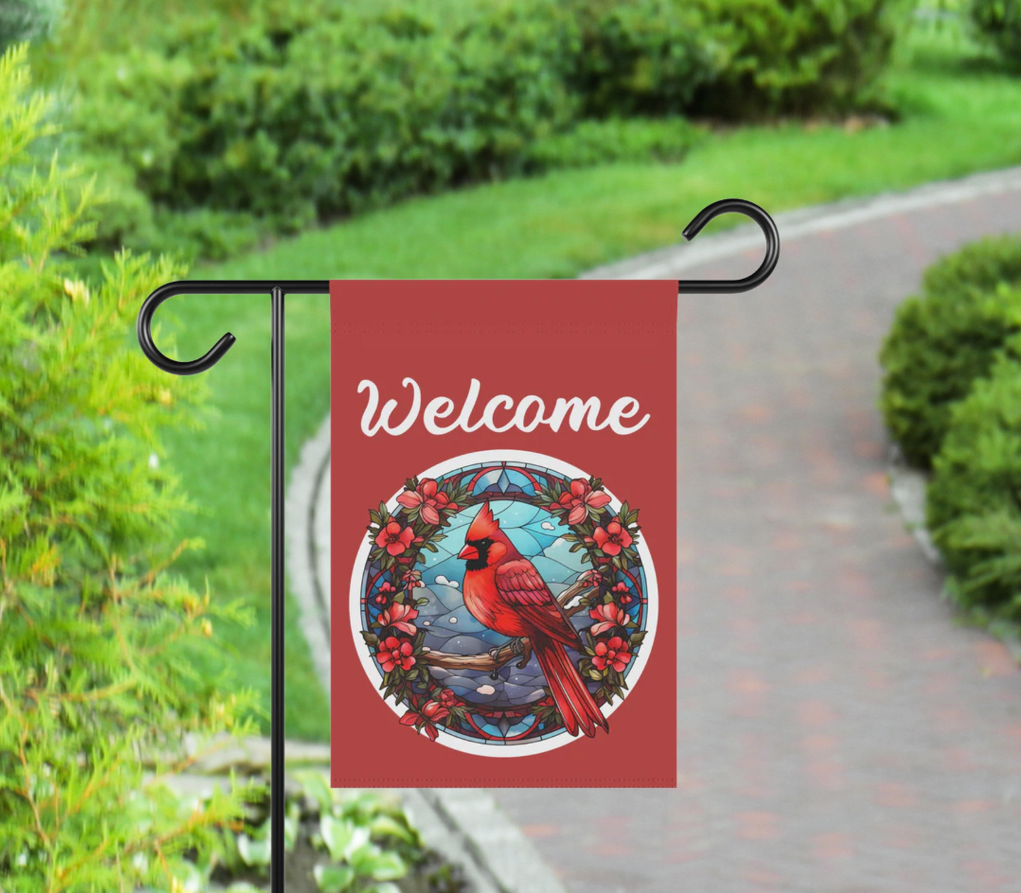 Stained Glass Cardinal 3 Welcome 2-Sided Garden & House Banner