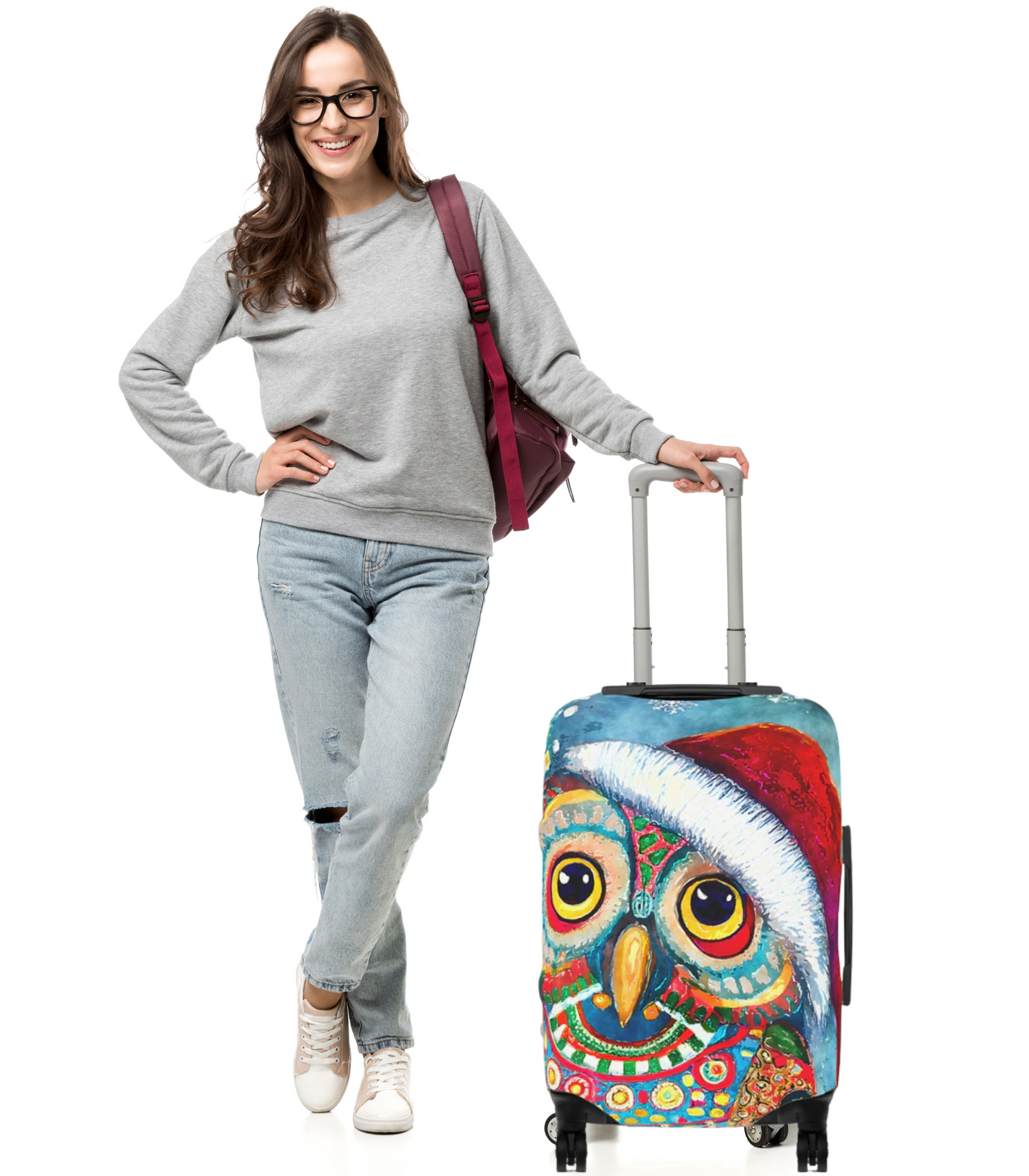 Owl in Santa Hat Christmas Art Luggage Cover