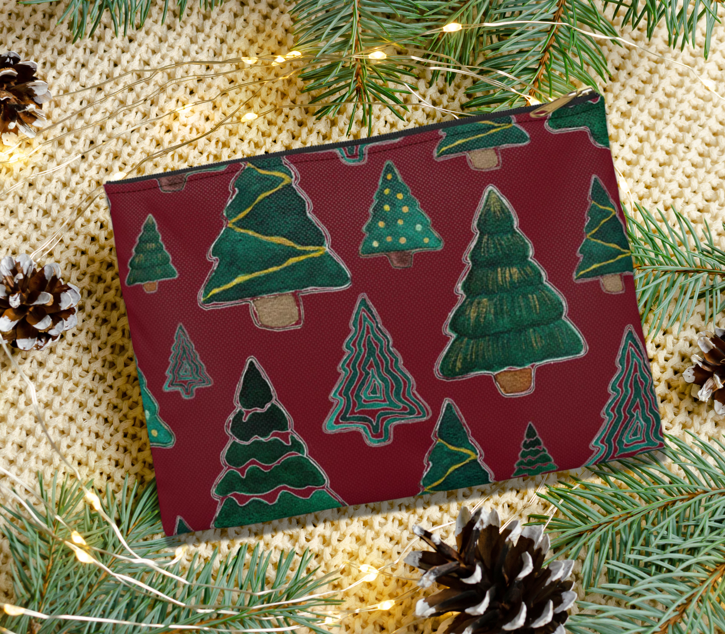 Christmas Tree Cutouts on Maroon Accessory Pouch