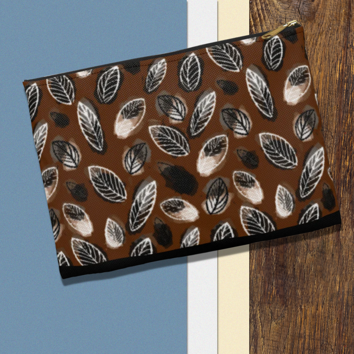 Gertie Black & Cream Abstract Leaves on Brown Journal Pencil  Zipper Flat Bottom Accessory Pouch