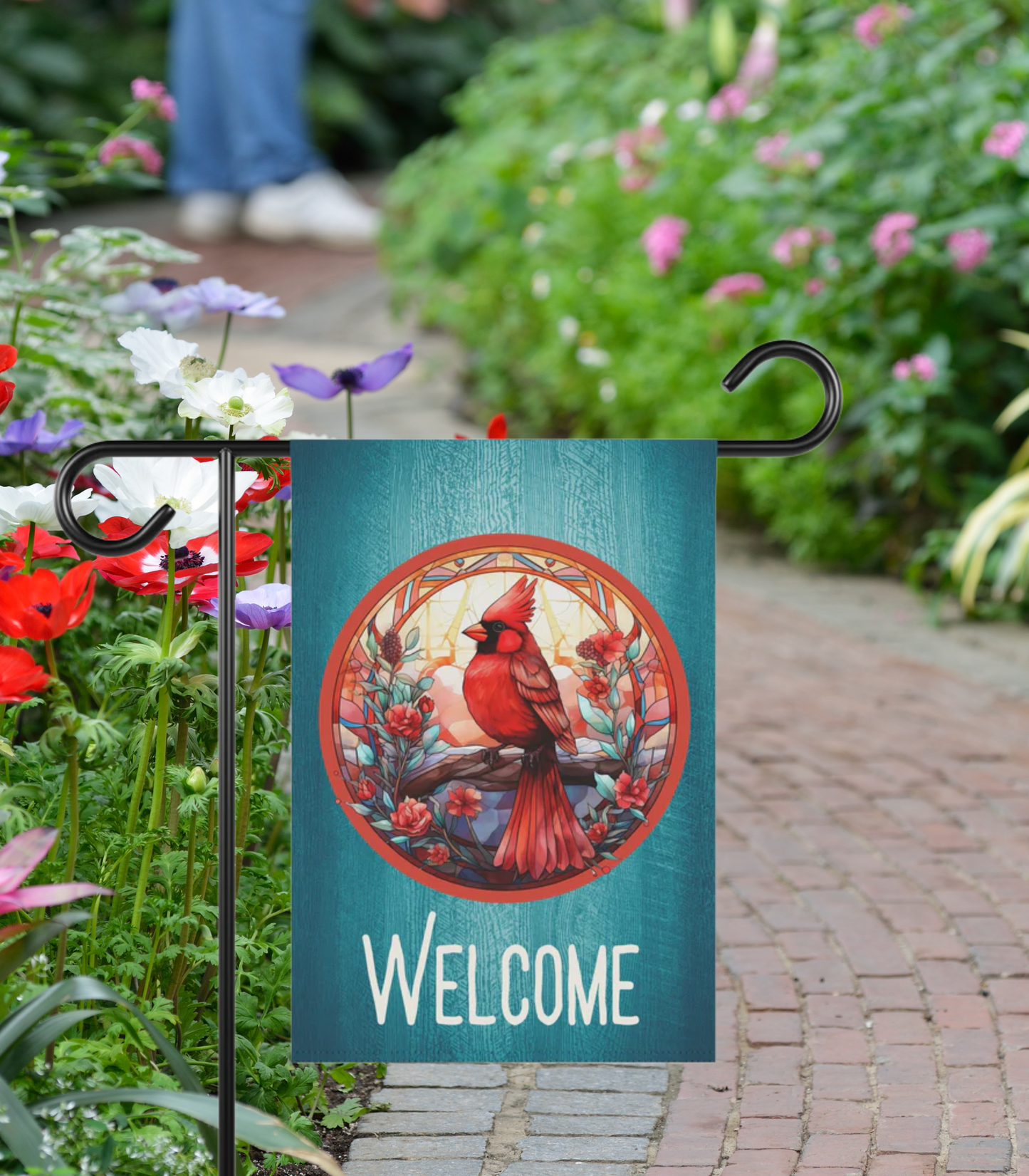 Stained Glass Cardinal 5 Welcome 2-Sided Garden & House Banner