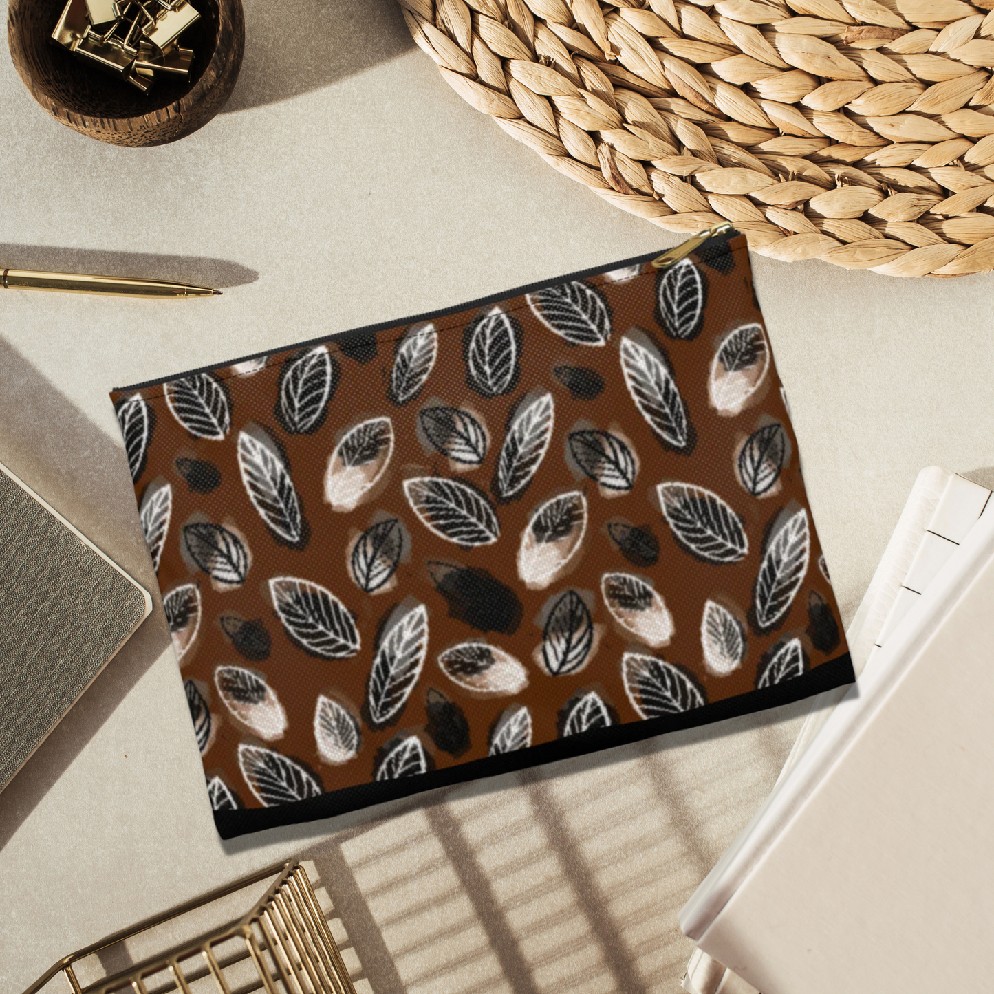 Gertie Black & Cream Abstract Leaves on Brown Journal Pencil  Zipper Flat Bottom Accessory Pouch