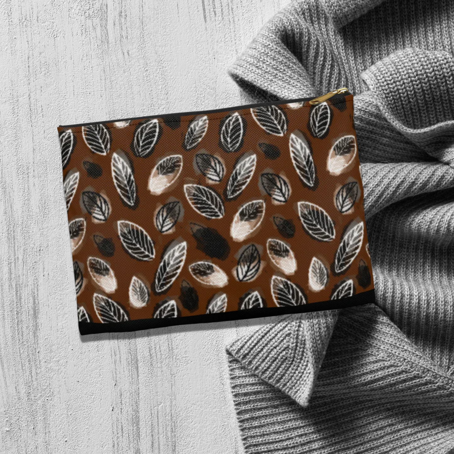 Gertie Black & Cream Abstract Leaves on Brown Journal Pencil  Zipper Flat Bottom Accessory Pouch